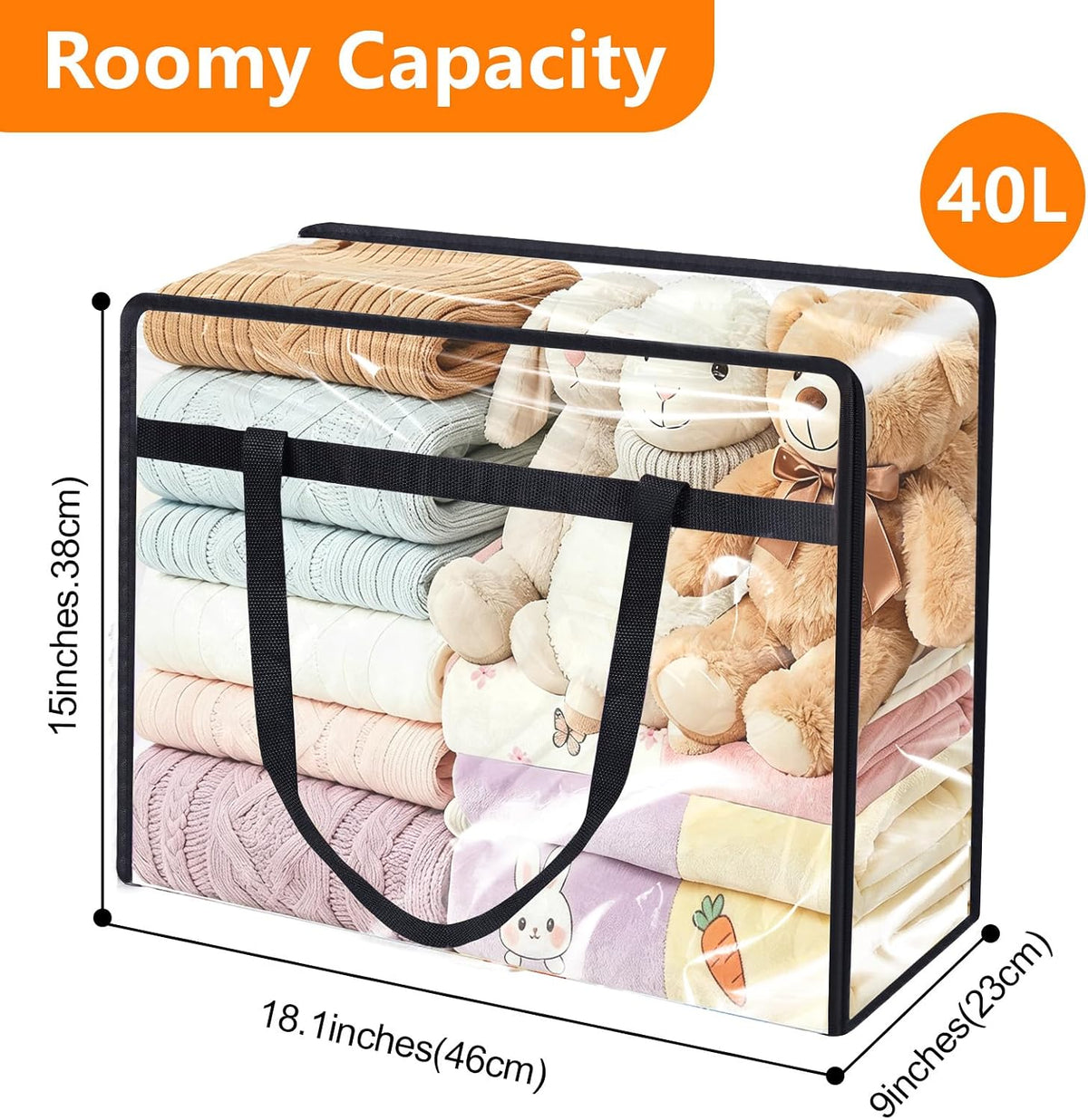 4 Pack Clear Clothes Storage Bags, 40L Vinyl Blanket Storage Containers with Heavy Duty Zipper, Foldable Moving Bags, Closet Organizers for Bedding, Clothing, Comforters, Linens, Duvet