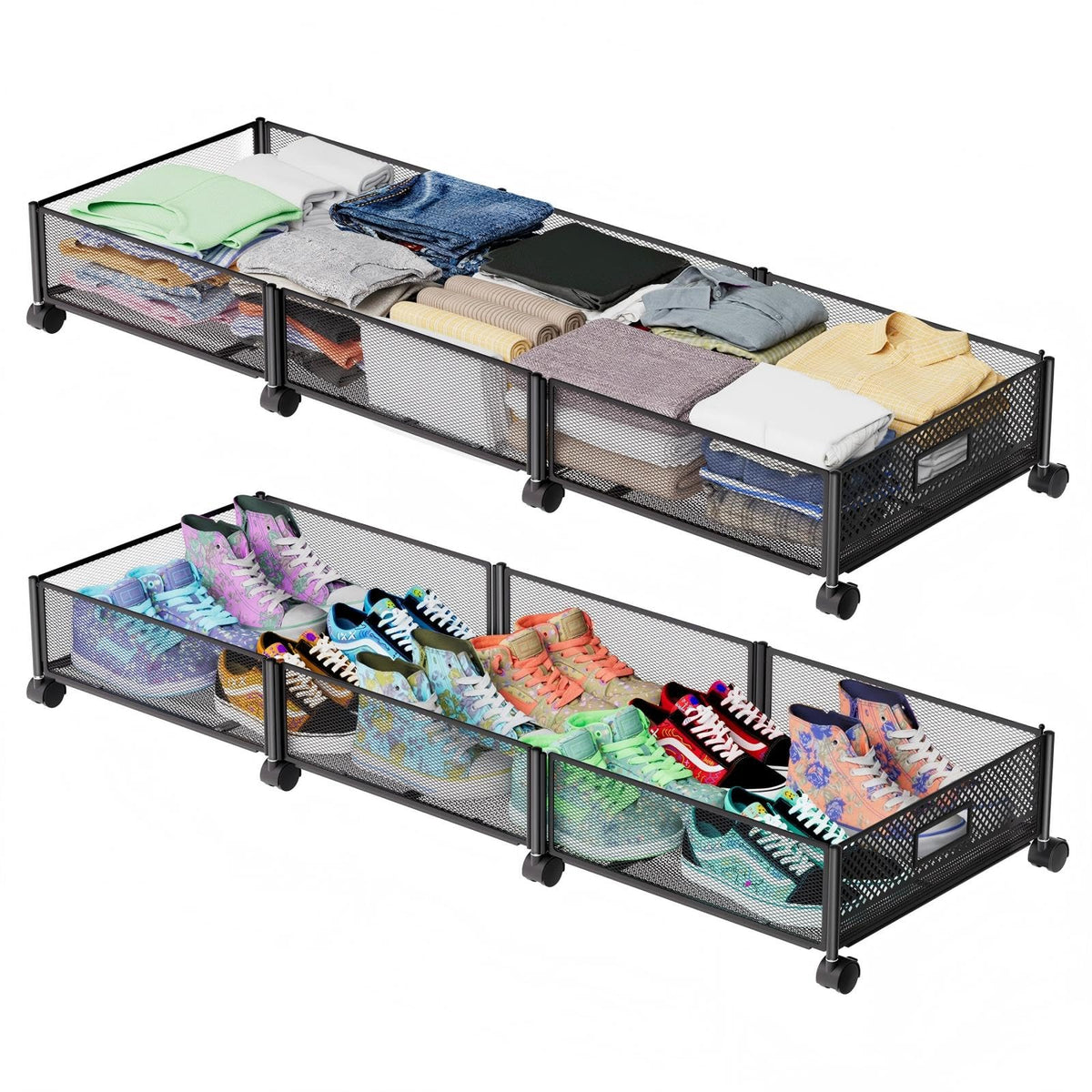 47.2'' Long Under Bed Storage on Wheels, 57.6L Large Capacity Rolling Under the Bed Storage Containers, Tool-Free Assembly Foldable Underbed Shoes Clothes Toy Drawers