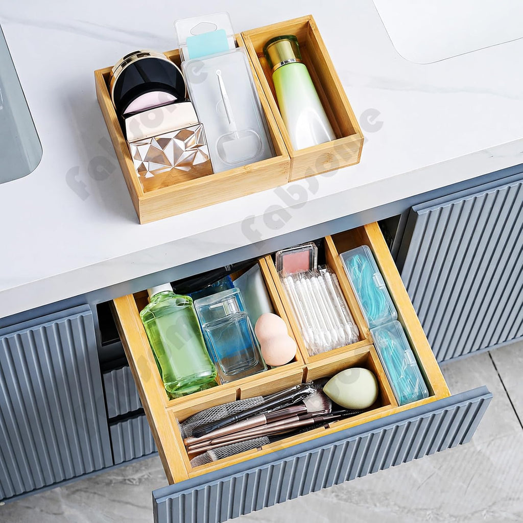 Fabsome Drawer Organizer, Set of 9 Bamboo Wood Kitchen Makeup Desk Junk Tea Drawer Storage Boxes Bins for Cutlery Silverware Utensils Flatware, Small Wooden Container Tray for Bathroom, Office