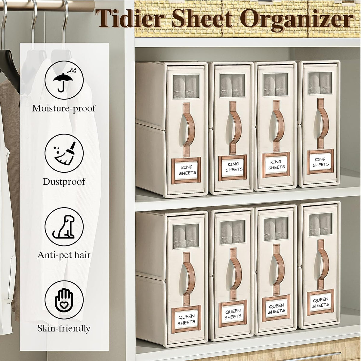 4 Pack Foldable Bed Sheets Set Organizers and Storage(King & Queen Size),Linen Fabric Closet Organizers with Window,Folding Bedding Storage Box for Bedsheets and Pillow Cube Organizer-Beige