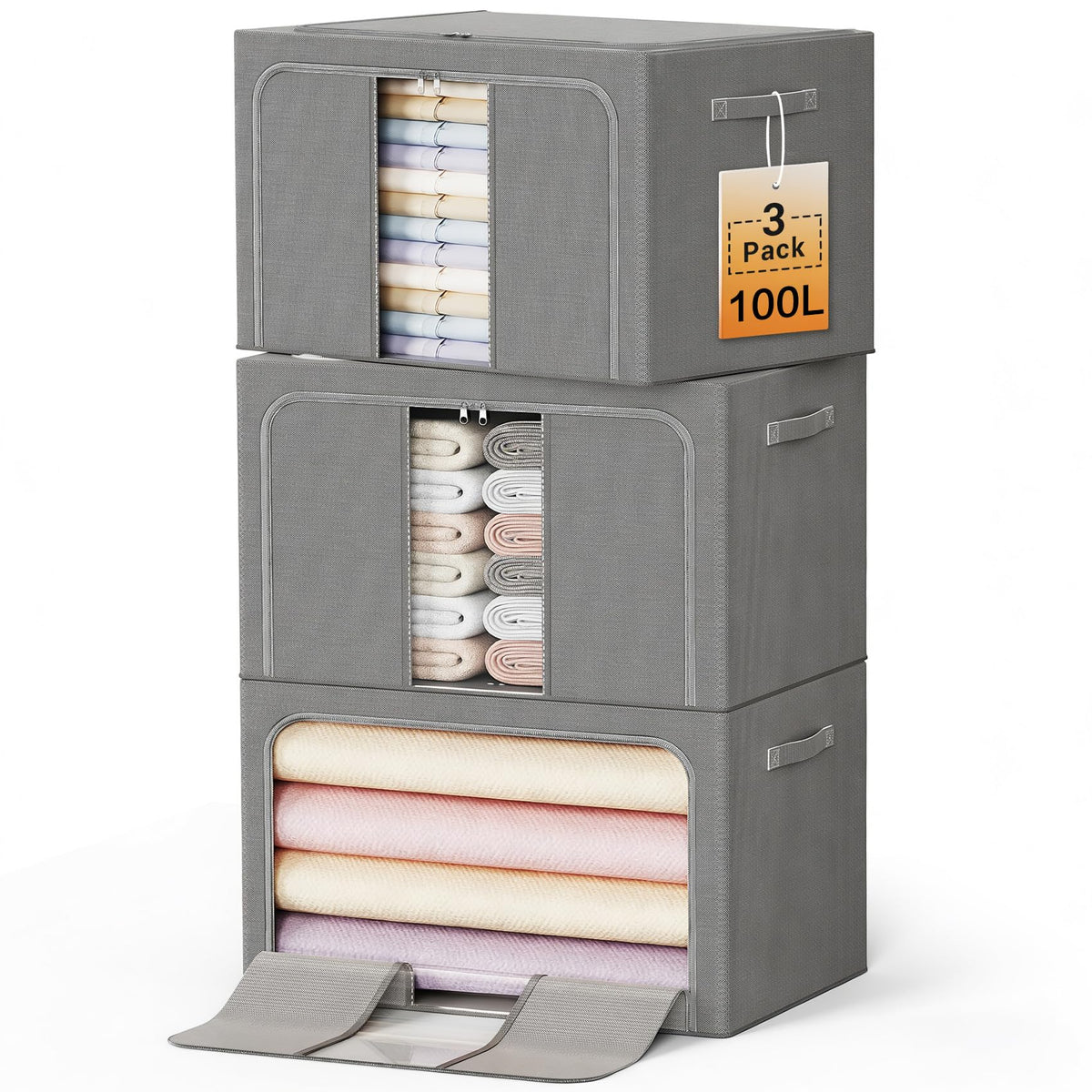 Clothes Storage Bins, 3 Openings, 66L, Brown