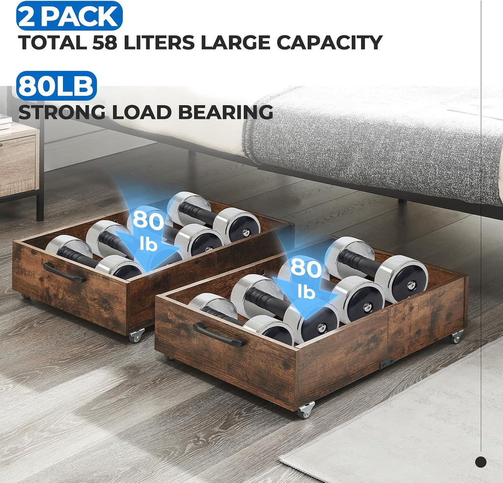 TIOPGHAD 2-Pack Under Bed Storage Drawers Organizer with Wheels, Brown