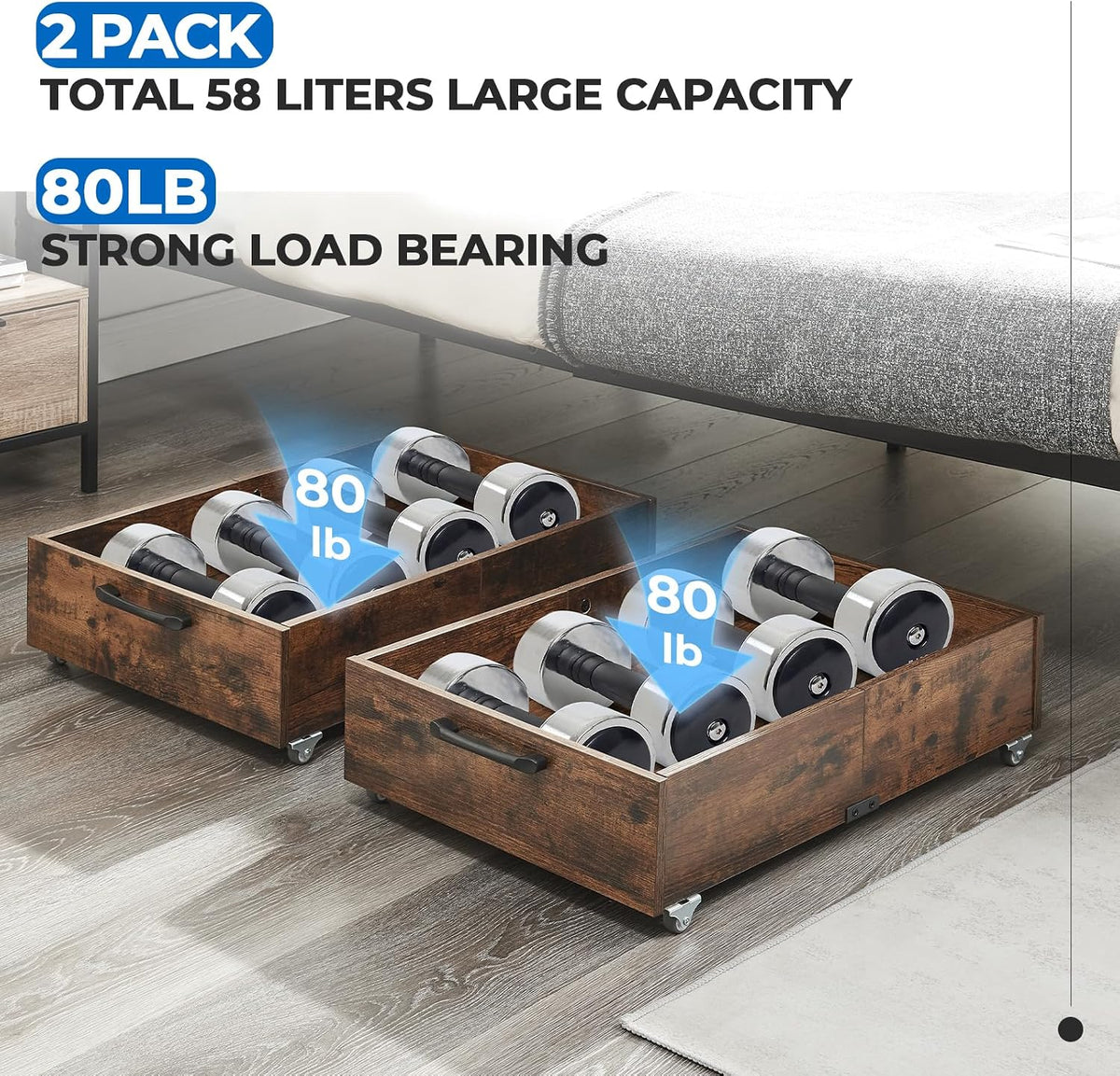 TIOPGHAD 2-Pack Under Bed Storage Drawers Organizer with Wheels, Brown