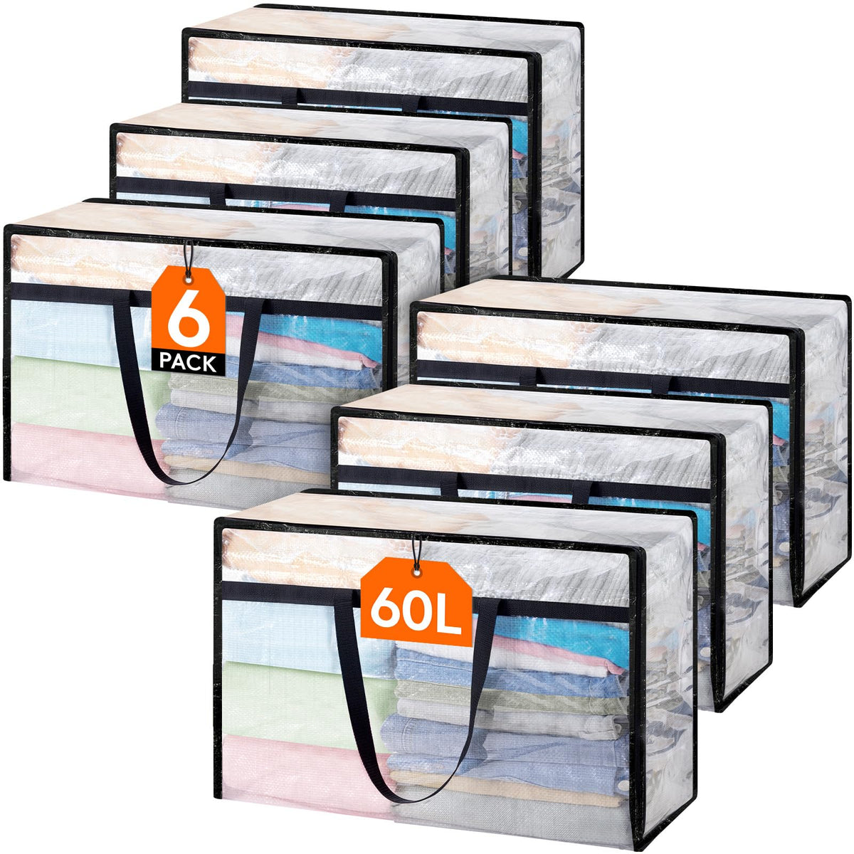Lifewit 6 Pack Clear Storage Bags, 45L Clothes Organizer with Zipper