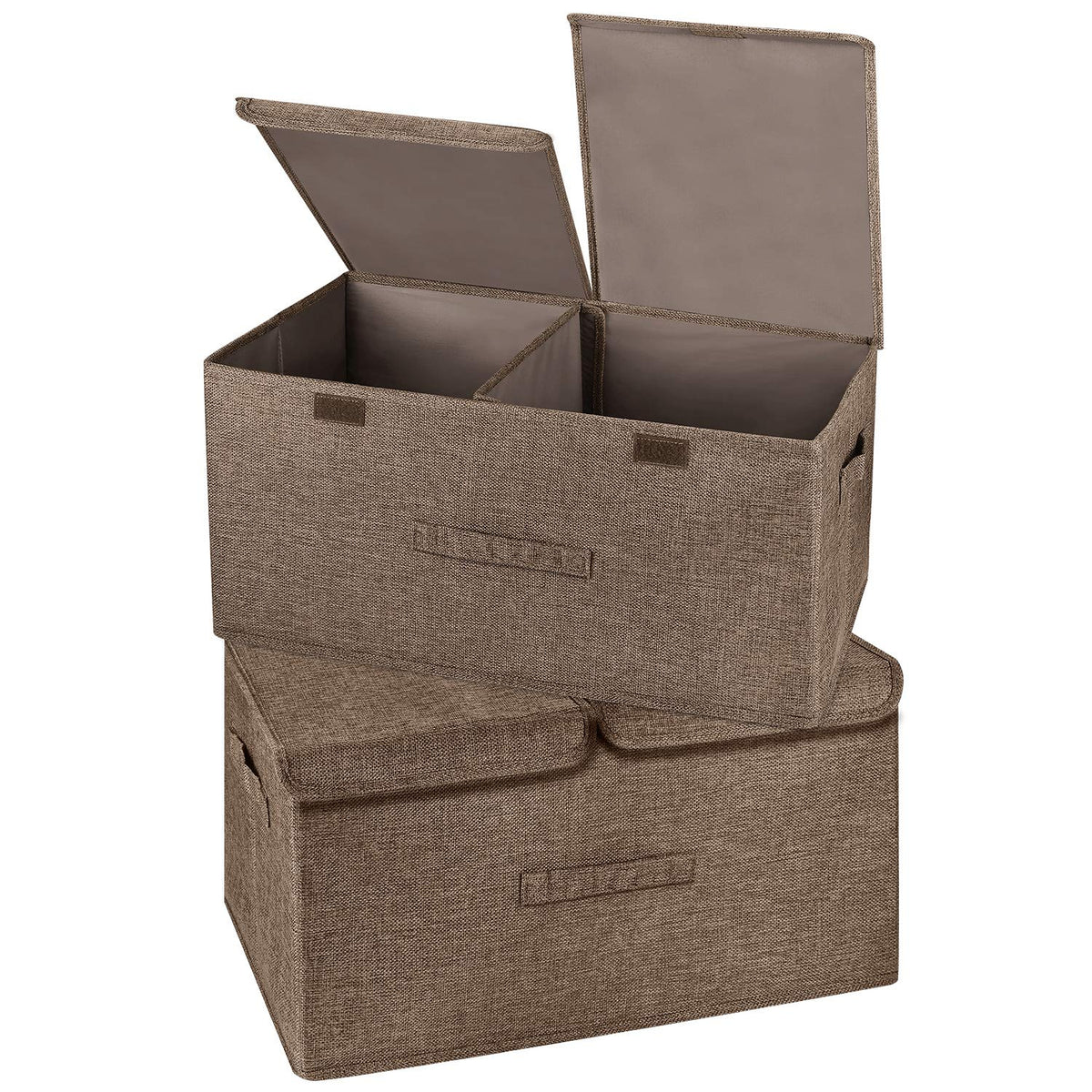 2 Pack Large Storage Boxes with Lids and Handles, Collapsible Linen Storage Bins Organizer Containers Baskets Cube with Removable Divider for Home Bedroom Closet Office (Cream, Small)