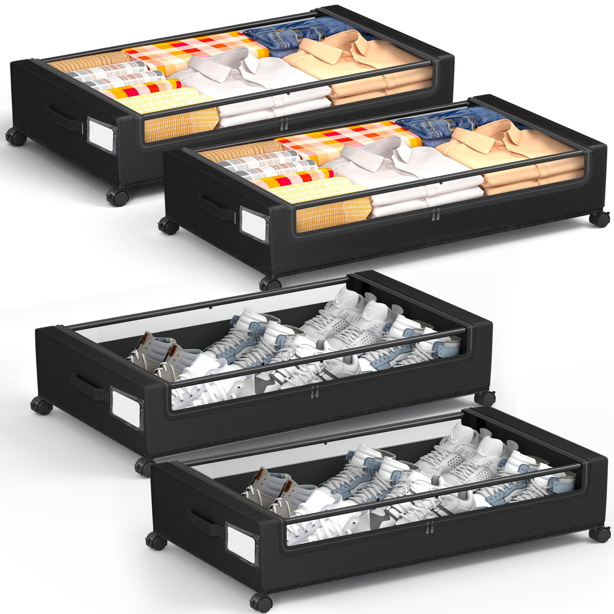 Under Bed Storage With Wheels, 2 Pack Square Containers, 60L Bins, Rolling Metal Drawer for Clothes, Blankets, Shoes