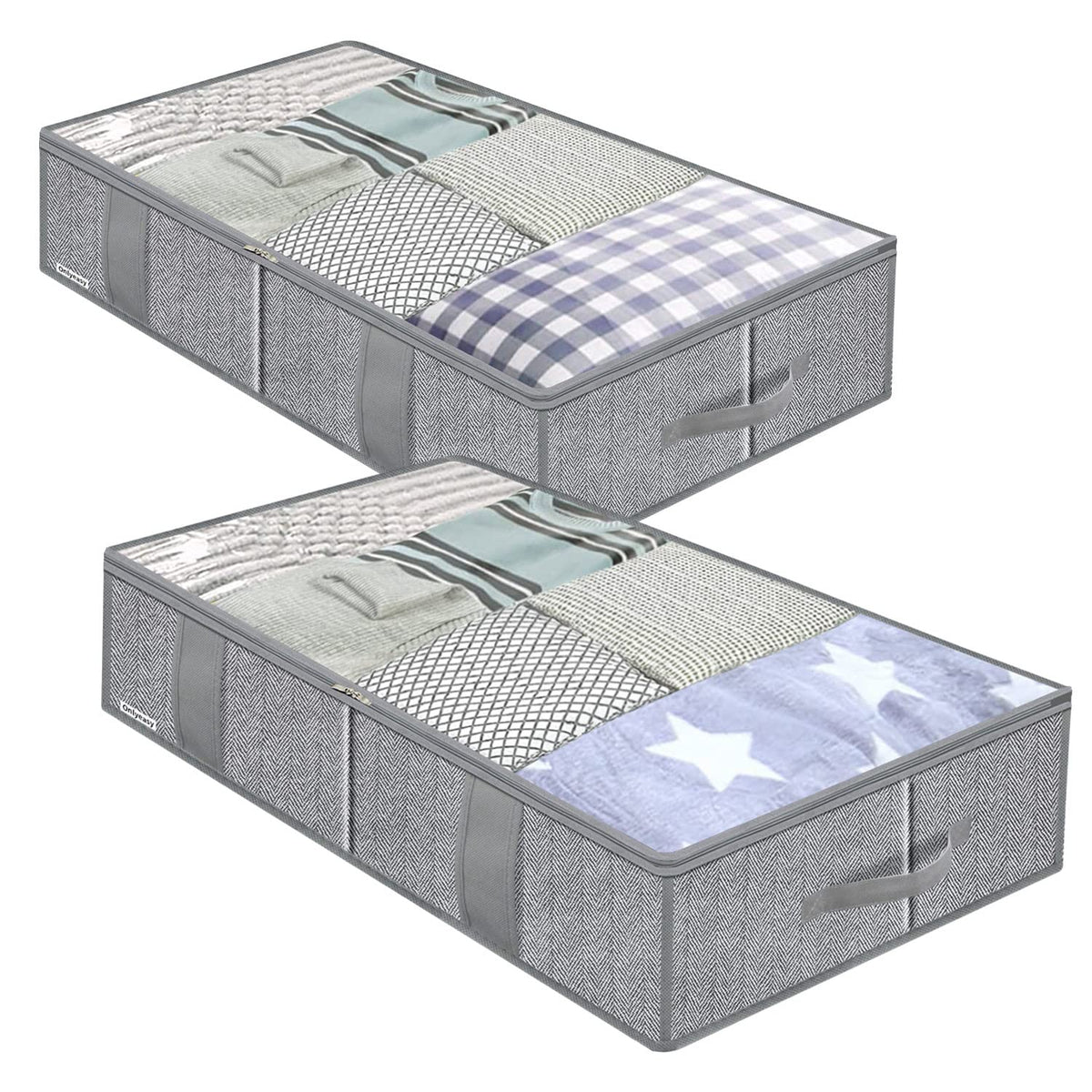 Onlyeasy Underbed Storage Bags Organizer, 4 Pack Large Capacity Under Bed Storage Containers with Reinforced Handles, Foldable Fabric Storage Bins with Clear Window, Herringbone Grey, 7MXRUBBP4
