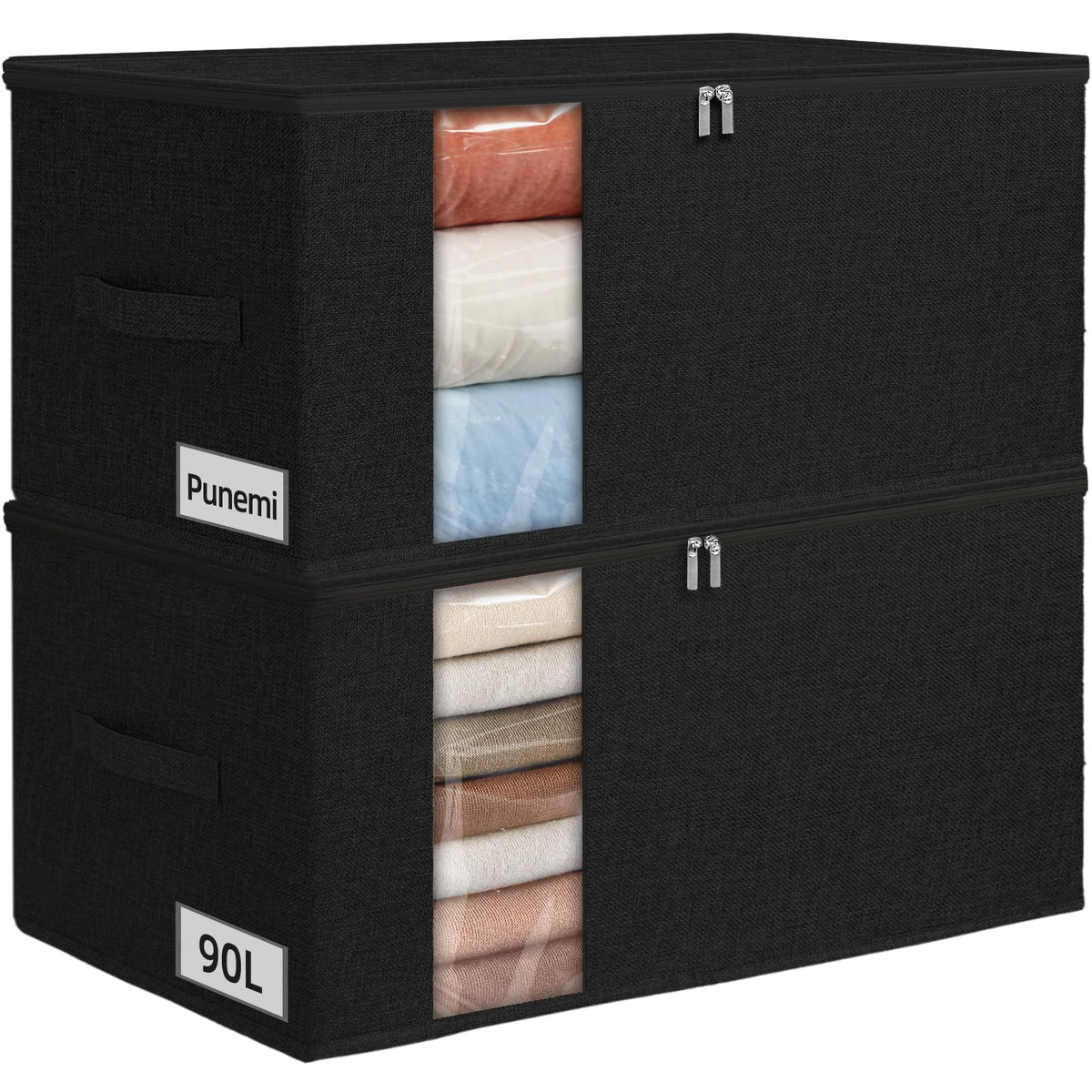 punemi 60L Comforter Storage Bags with Side & Bottom Support, 2 Pack, Black