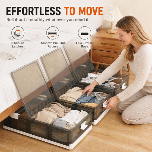 2-Pack Under Bed Storage Containers with Wheels - Stackable, Foldable Plastic Storage Boxes with Lids for Clothes, Shoes, Blankets - Perfect for Bedroom Organization and Dorms
