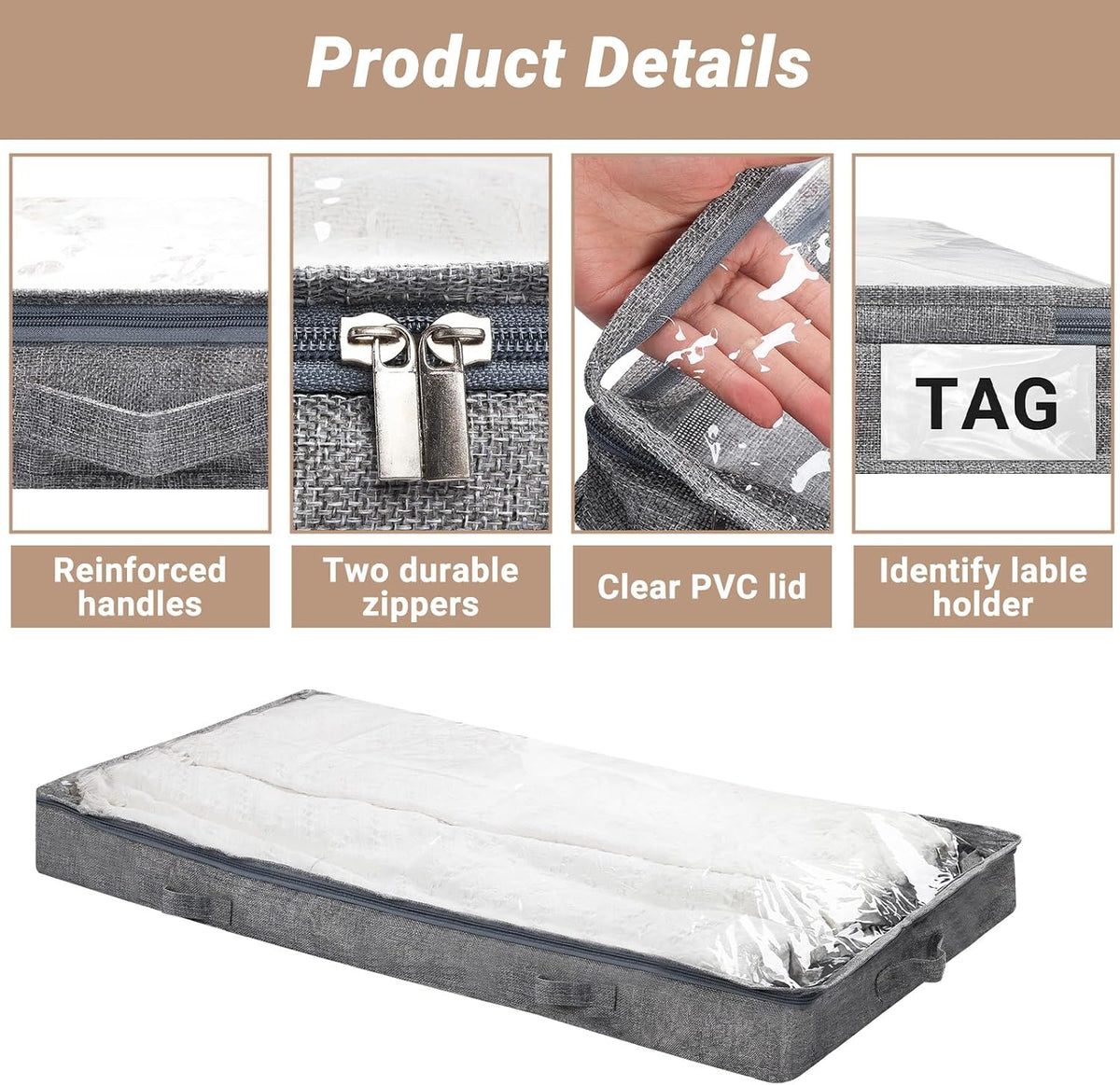 2 Pack 50L Low Profile Under Bed Storage Containers,4 Inches High Lightweight Underbed Storage NO STRUCTURE,Large Foldable Underbed Cloth Storage Bags for Blanket Fits Under Sofa,Couch,Grey