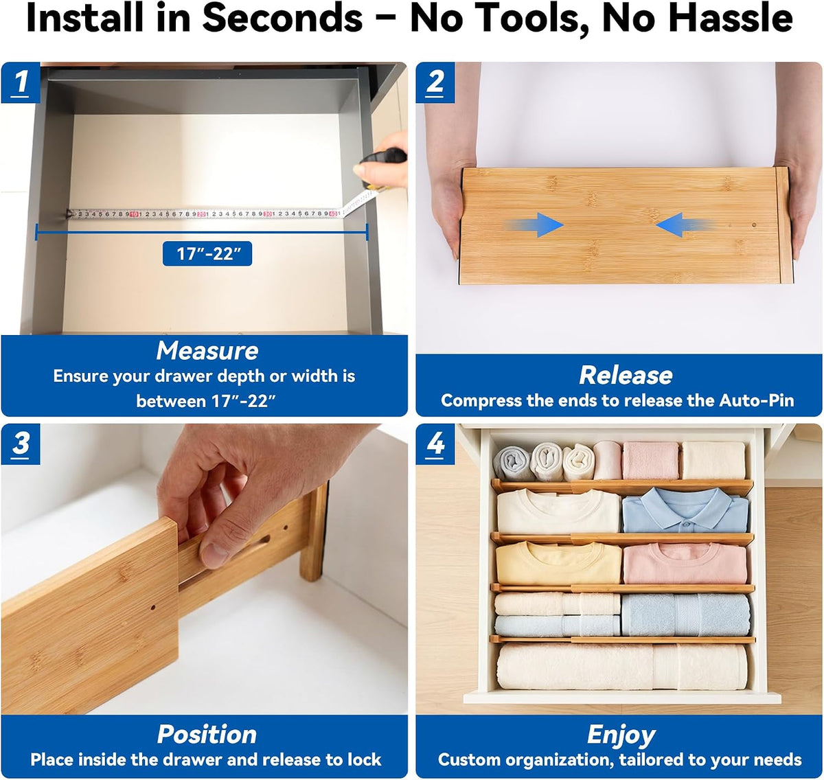 4 Pack 6" Deep Bamboo Drawer Dividers, 17-22" Expandable Kitchen Organizers
