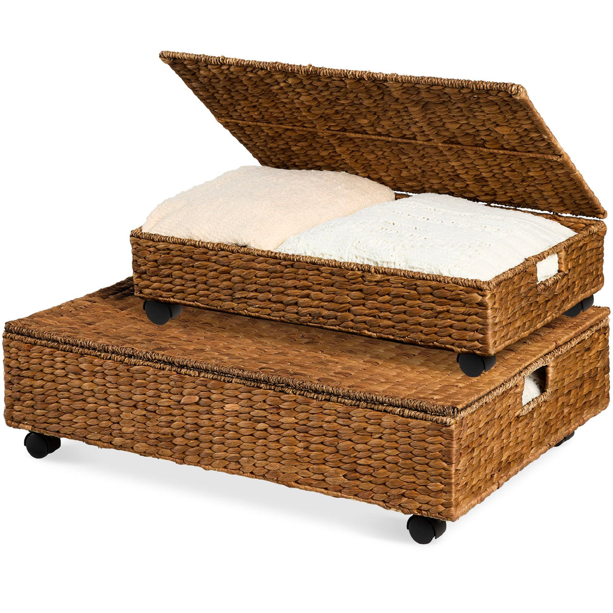 Best Choice Products Under Bed Storage Containers W/Lid, Wheels and Handles, 2-Pack Large Handwoven Water Hyacinth Closet Organizer, Shoe Storage Bins, Multi-Purpose Nesting Baskets - Natural