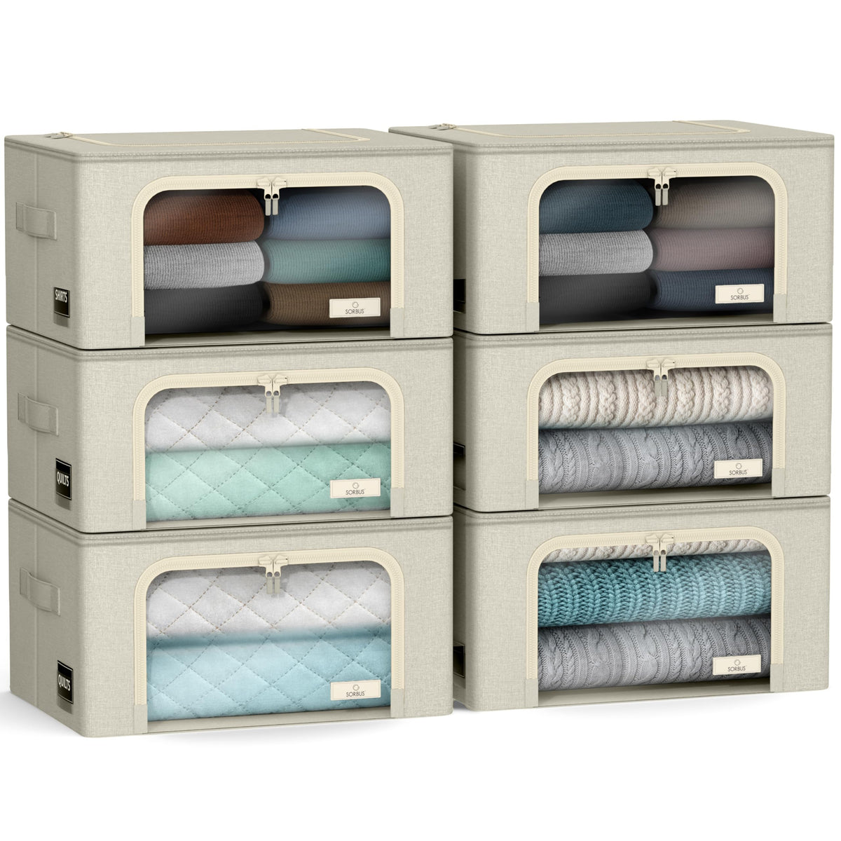 Sorbus Clothes Storage Bins, Clear Window & Handles (4 Pack, Beige)