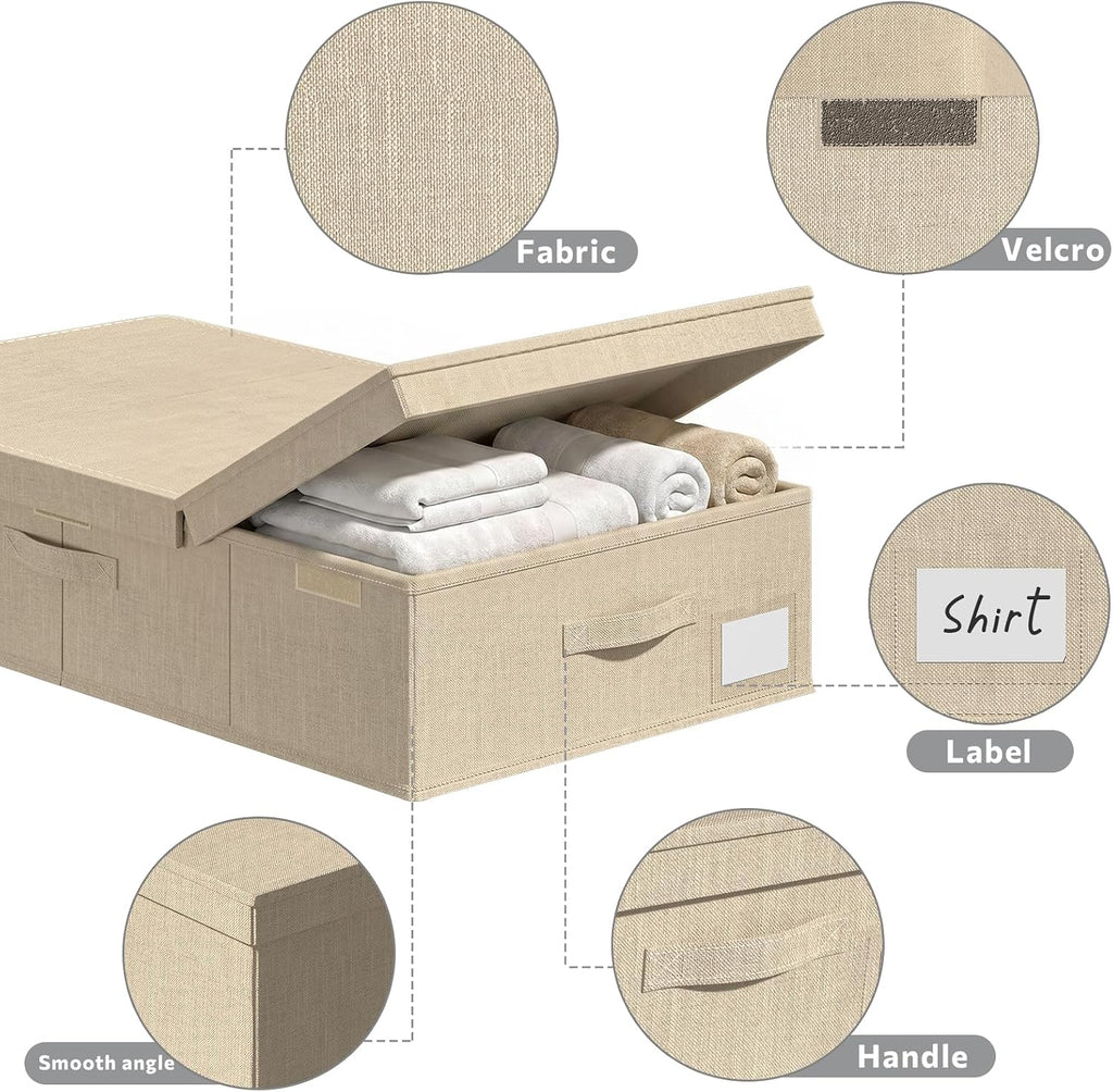 FHSQX Under Bed Storage Container 2Pack 6 Inches Low Profile Under-bed Organizer Bins Slim Under Couch Storage Box Ideal For Seasonal Clothes Blankets Towel Fabric (2, Beige, 31.5 * 16.5 * 6in)