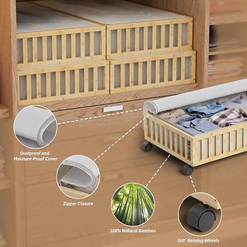 2 Pack Large Bamboo Under Bed Storage Containers with Wheels, Nature