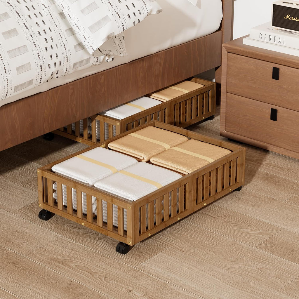 Under Bed Storage with Wheels, 2 Pcs Bamboo Drawers for Clothes and Toy