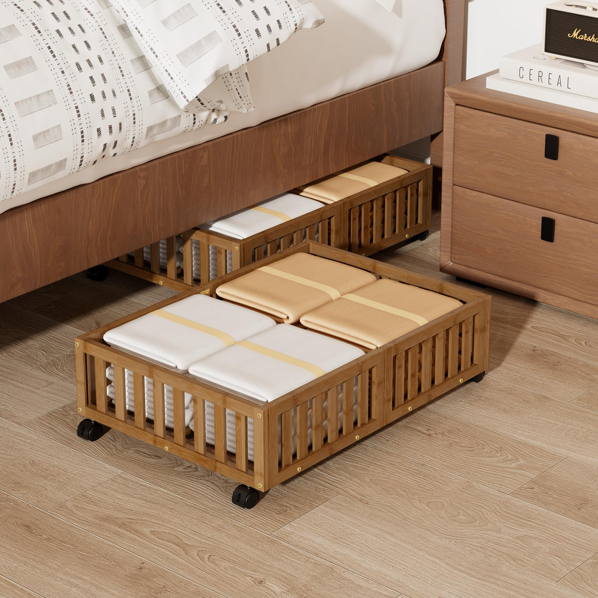 Under Bed Storage with Wheels, 2 Pcs Bamboo Drawers for Clothes and Toy