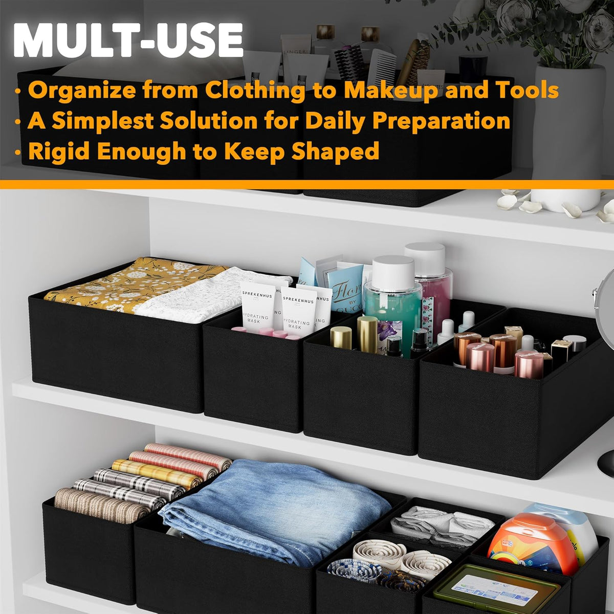 SpaceAid Drawer Organizer Clothes, 12 Pack Dresser Organizer Bins for Nursery, Closet Organization and Storage Dividers for Clothing, Baby Clothes, Underwears, Socks (Black)