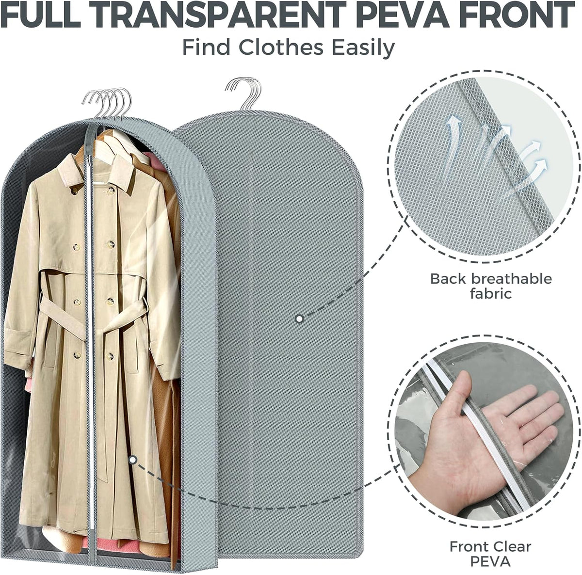 6 Pcs 60" Garment Bags for Hanging Clothes, Clear Suit Bags for Closet Storage Clothing Storage, Garment Bags Shoulder Covers with 4" Gussets for Coats, Jackets, Shirts and Sweater