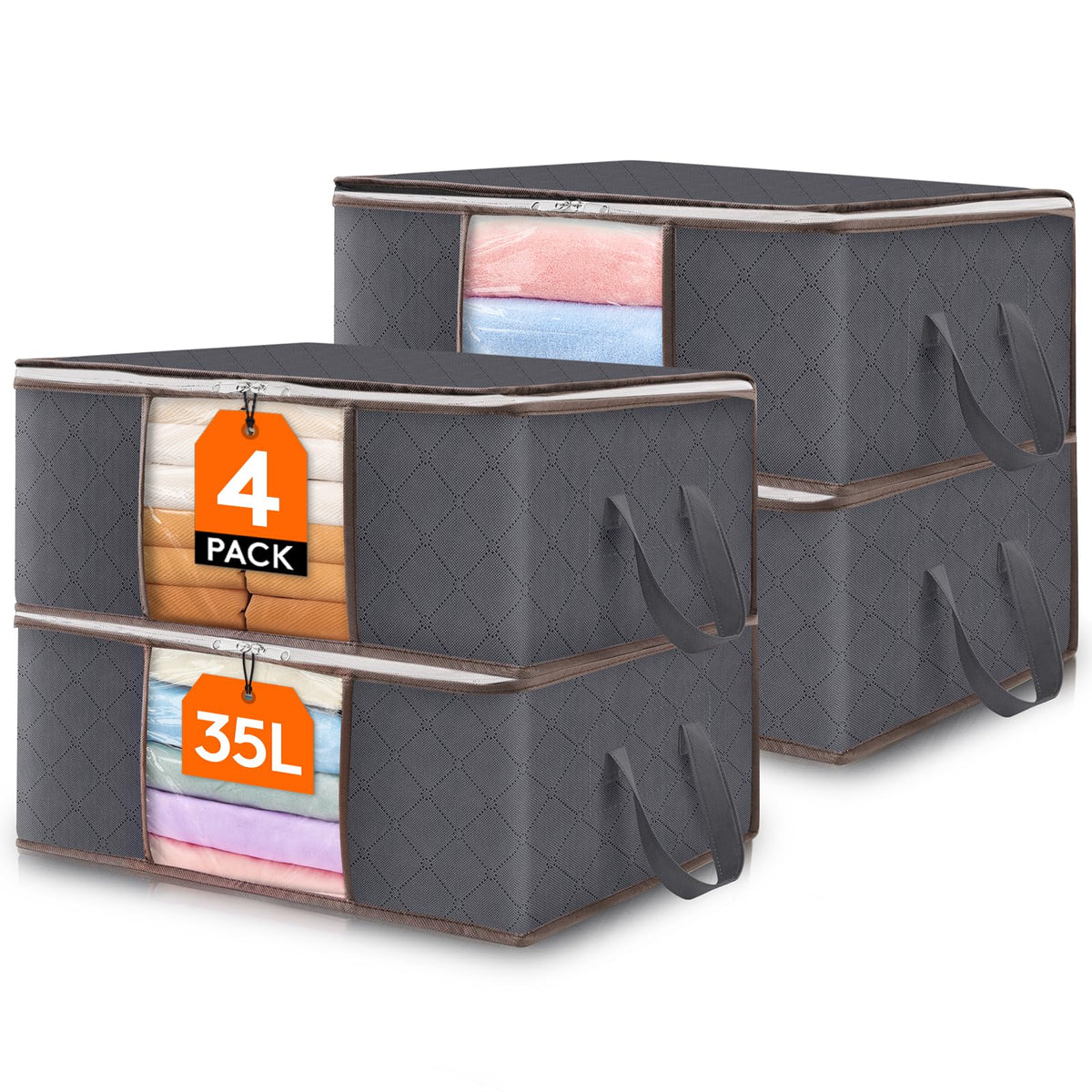 Lifewit 3 Pack 90L Clothes Storage Bins with Lids, Foldable Blanket Storage Bags with Zippers, Clear Window and Reinforced Handles, Closet and Organization for Clothing, Sweater, Comforter, Bedding