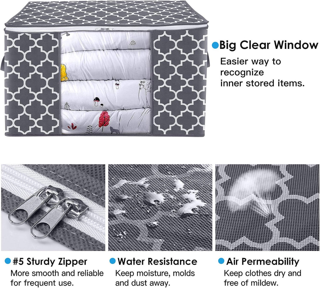 WISELIFE Storage Bags, Large Blanket Clothes Organization and Storage Containers for Bedding, Comforters, Foldable Organizer with Reinforced Handle, Clear Window,Sturdy Zippers,(Grey, 3 x 100L)