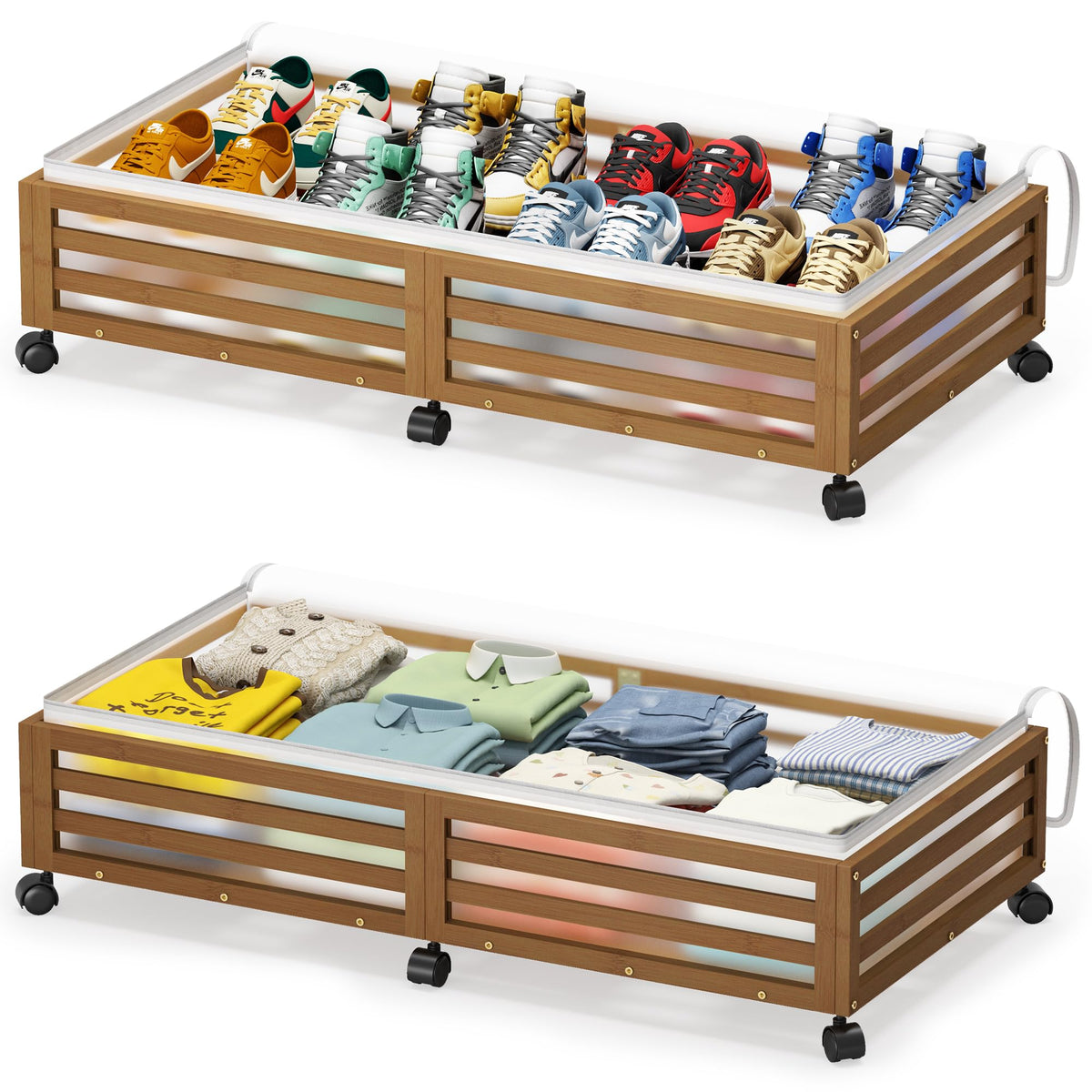 Under Bed Storage with Wheels-Large Bamboo Underbed storage Containers with Large Dust Bag Stackable Under the Bed Shoe Storage Bins for Clothes Books Bedding (2 Packs White, 23.62"L×16.54"W× 6.51"H)