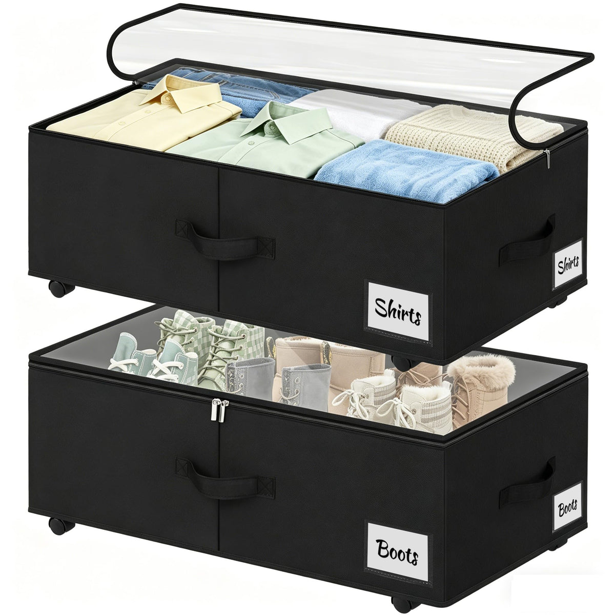 Under Bed Storage with Wheels, 2 Pack Underbed Storage Containers with Clear Lid & Label, XXL 75L Easy Assembly Rolling Under Bed Shoe Storage for Clothes, Shoes, Blankets, Black(28.3 X 16.5 X 9.5 in)