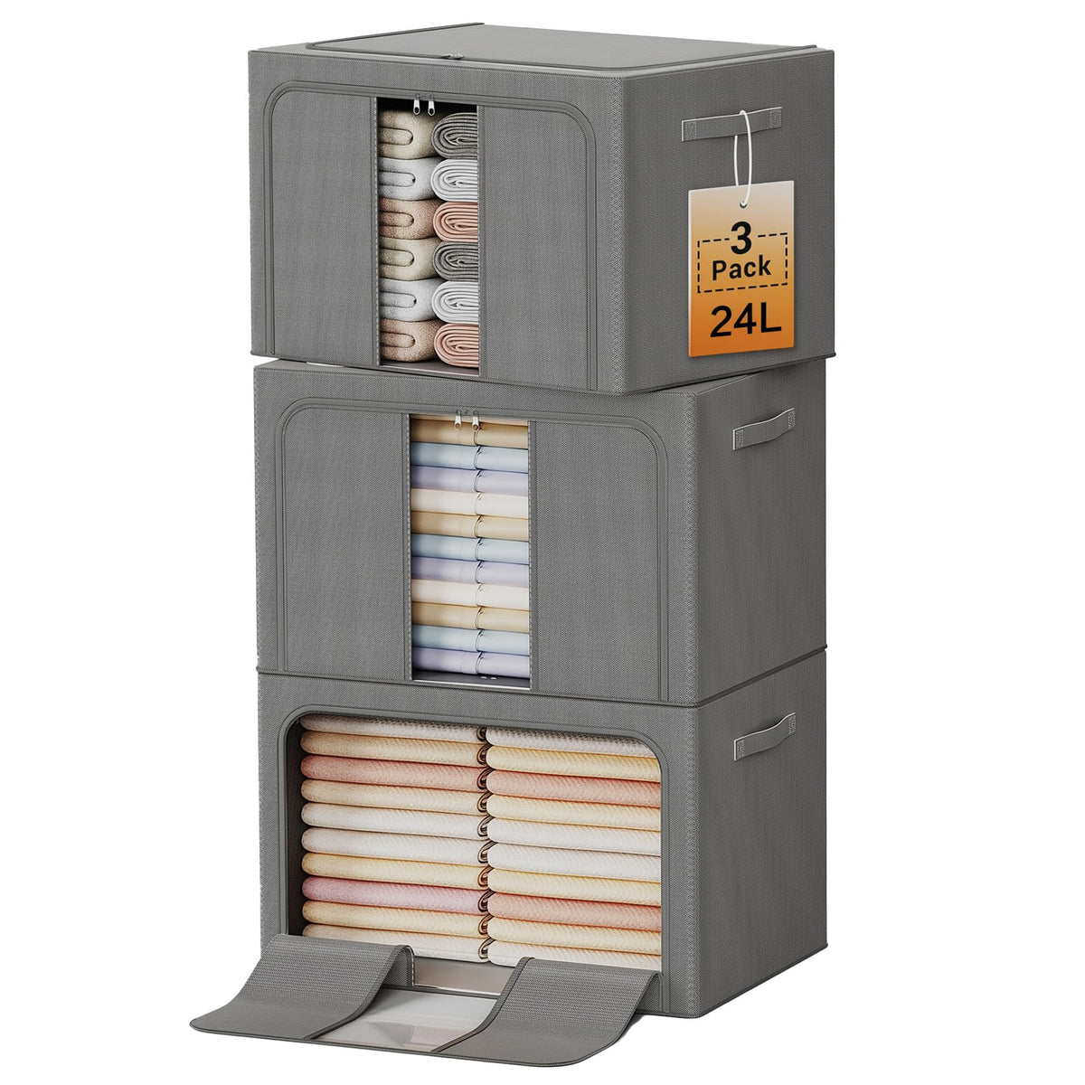 Clothes Storage Bins with Metal Frame Foldable Storage Box Clothes Organizers Storage Containers for Clothes Sheets Blankets Books Toys Gifts and Holiday Decorations (24Lx3 Pack)