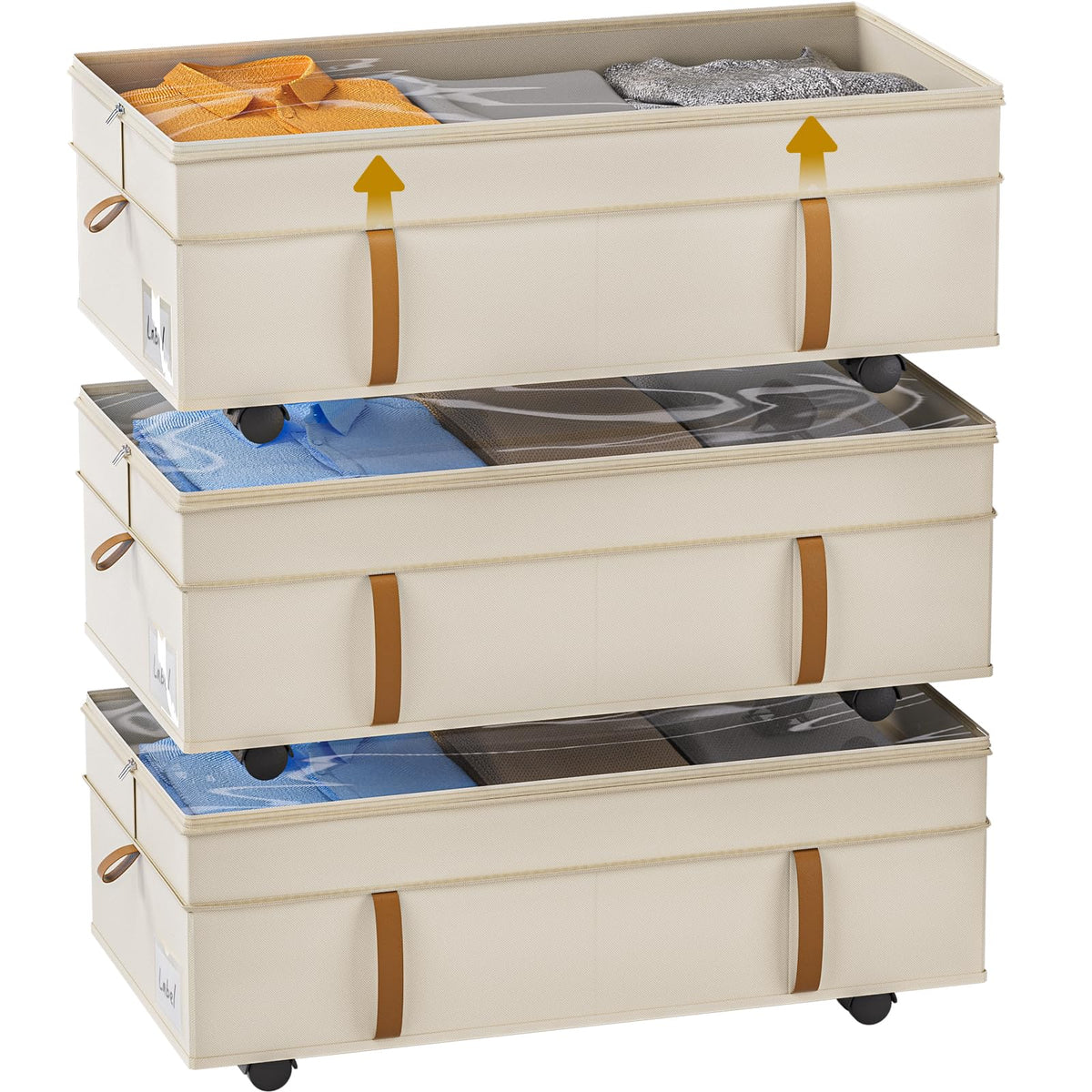 Under Bed Storage with Wheels，3 Pack Height-adjustable Under Bed Storage Containers, 6.5in-10in Tall Underbed Clothes Storage Organizer Bin with Clear Window，Foldable Box Basket for Clothes