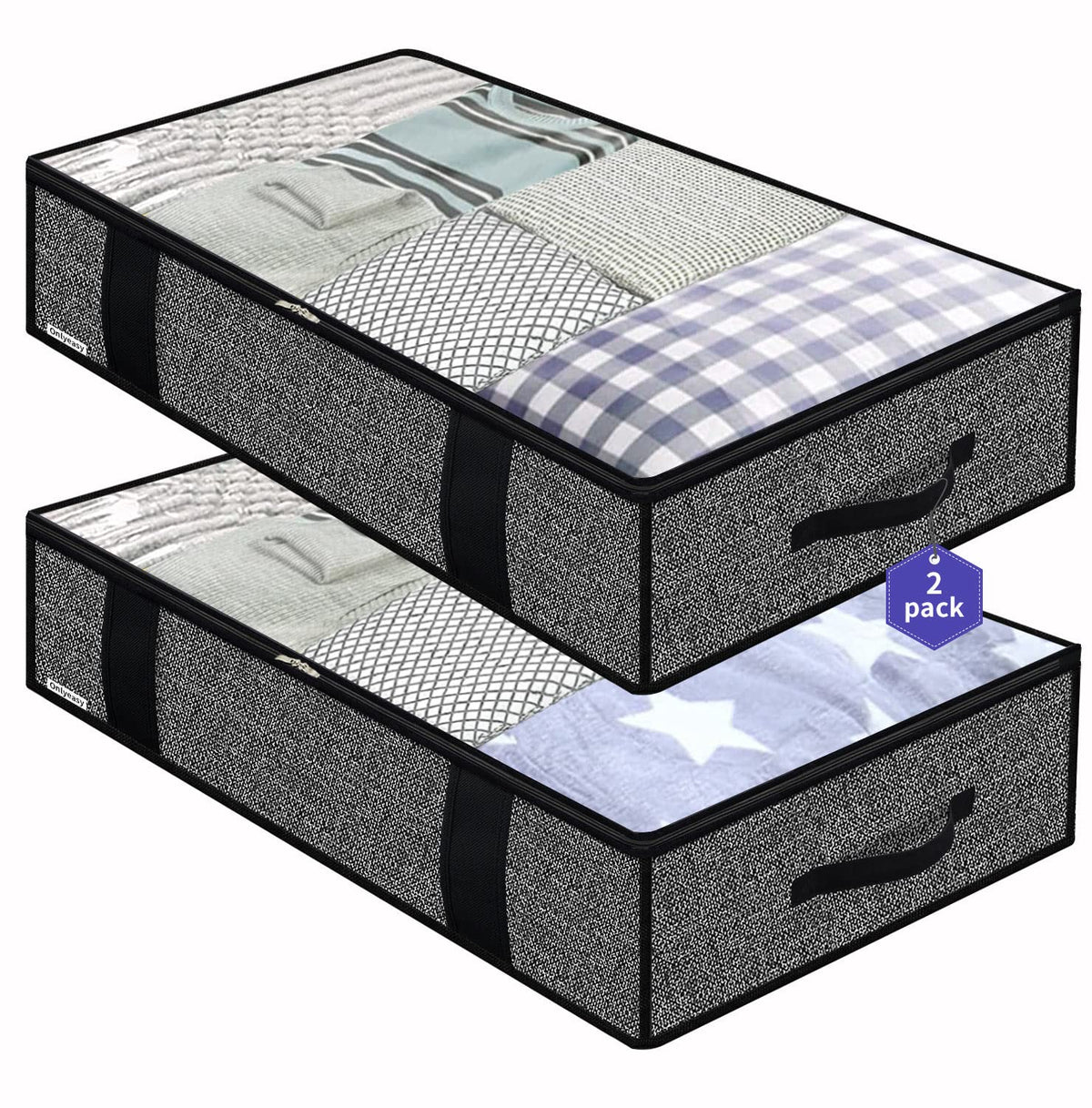 Onlyeasy Underbed Storage Bags Organizer, 4 Pack Large Capacity Under Bed Storage Containers with Reinforced Handles, Foldable Fabric Storage Bins with Clear Window, Herringbone Grey, 7MXRUBBP4