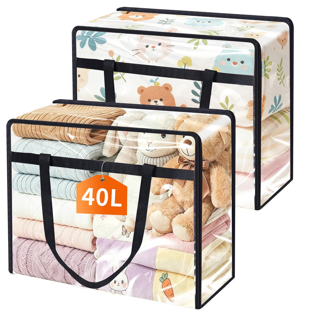 4 Pack Clear Clothes Storage Bags, 40L Vinyl Blanket Storage Containers with Heavy Duty Zipper, Foldable Moving Bags, Closet Organizers for Bedding, Clothing, Comforters, Linens, Duvet