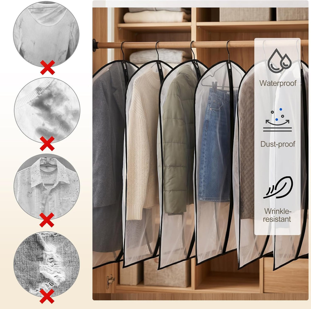 Pwsap 6Pcs Clear Garment Bags for Hanging Clothes, Breathable Clothes Covers with Zip, Moth Proof Hanging Garment Covers Bags for Travel & Wardrobe Storage for Dresses, Shirts, Coats (40 inch)