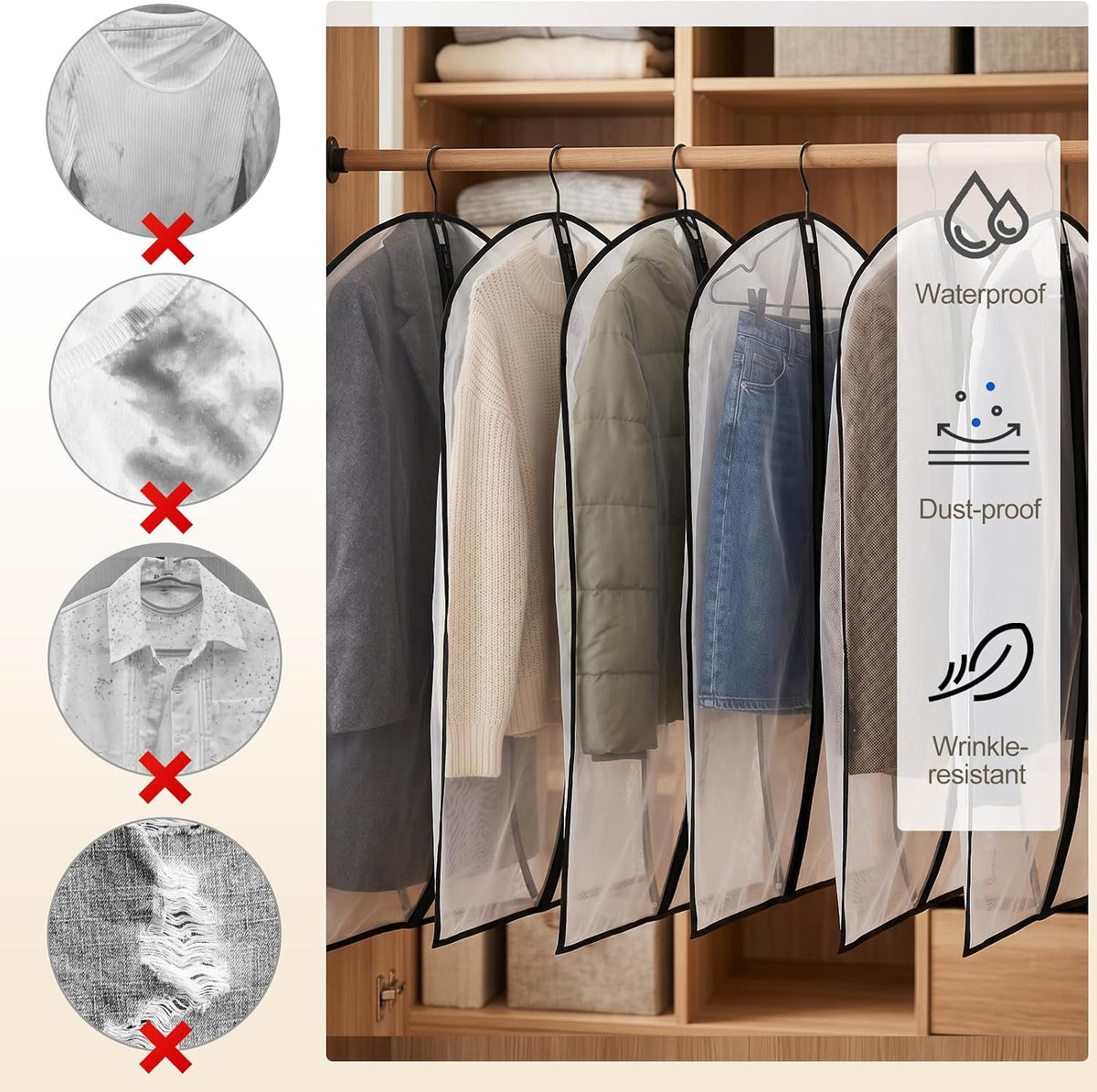 Pwsap 6Pcs Clear Garment Bags for Hanging Clothes, Breathable Clothes Covers with Zip, Moth Proof Hanging Garment Covers Bags for Travel & Wardrobe Storage for Dresses, Shirts, Coats (40 inch)