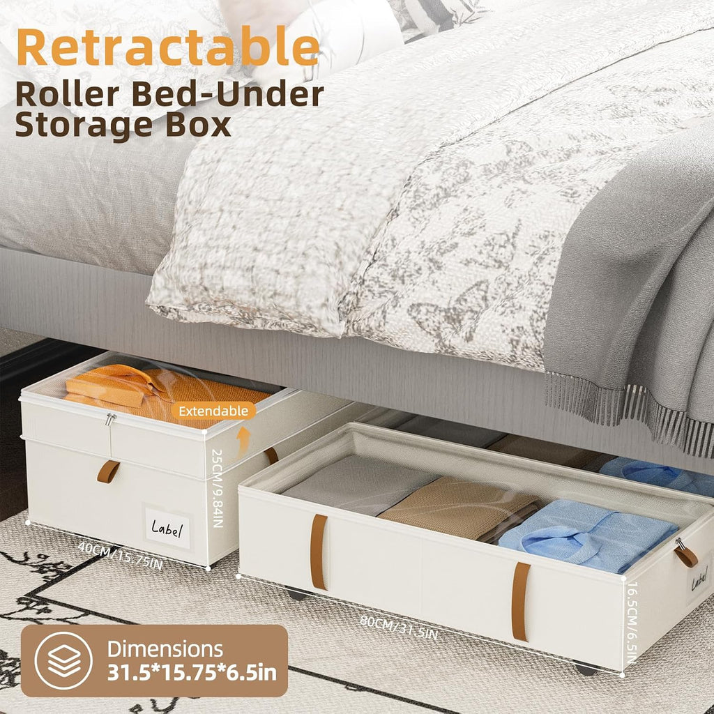 Under Bed Storage with Wheels，3 Pack Height-adjustable Under Bed Storage Containers, 6.5in-10in Tall Underbed Clothes Storage Organizer Bin with Clear Window，Foldable Box Basket for Clothes