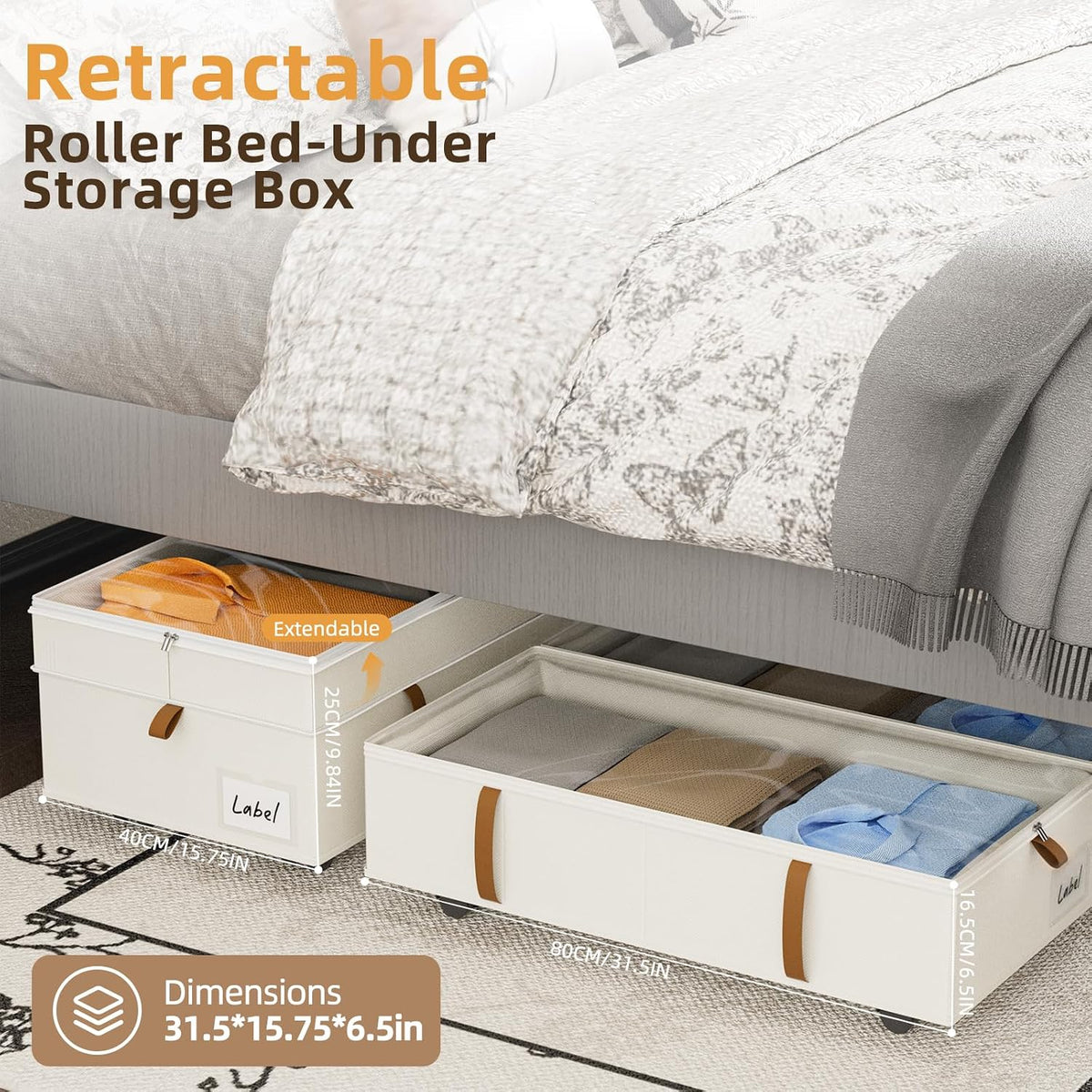 Under Bed Storage with Wheels，3 Pack Height-adjustable Under Bed Storage Containers, 6.5in-10in Tall Underbed Clothes Storage Organizer Bin with Clear Window，Foldable Box Basket for Clothes