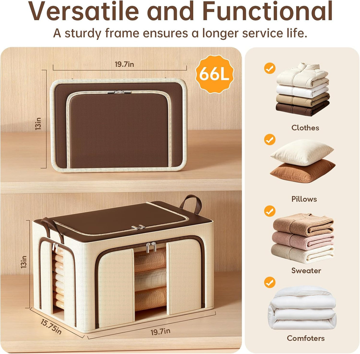 Clothes Storage Bins, 3 Openings, 66L, Brown