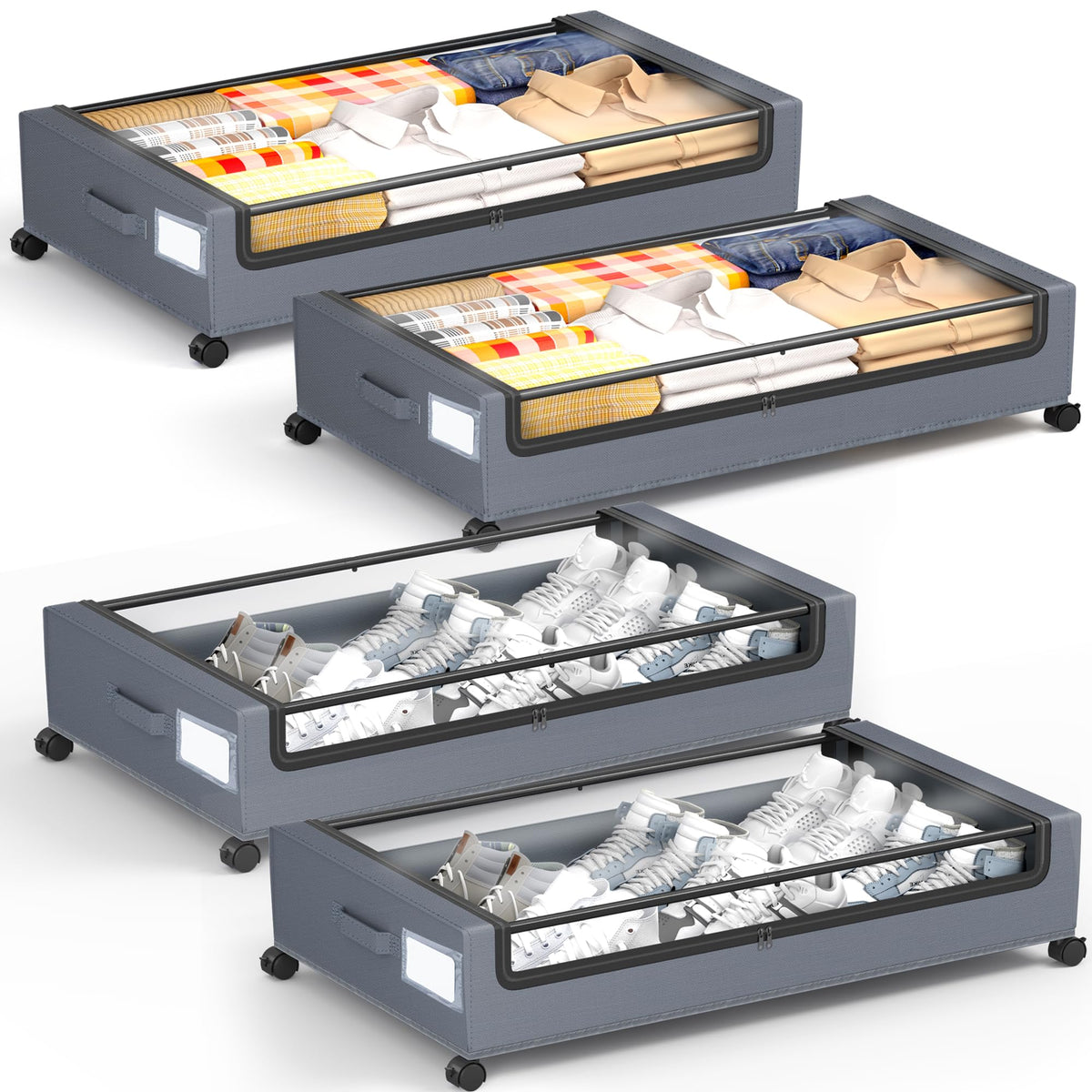 Under Bed Storage With Wheels, 2 Pack Square Containers, 60L Bins, Rolling Metal Drawer for Clothes, Blankets, Shoes
