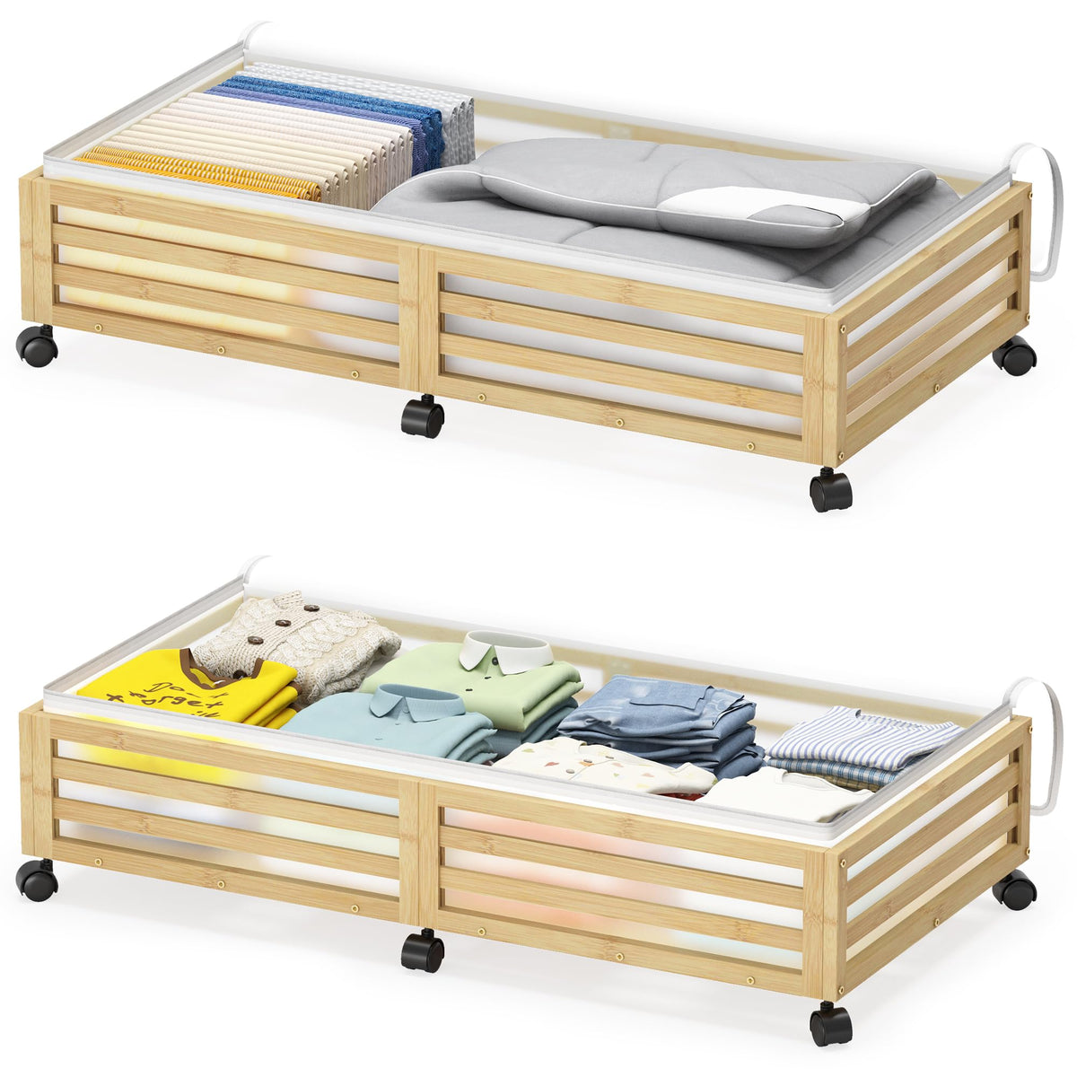 Under Bed Storage with Wheels-Large Bamboo Underbed storage Containers with Large Dust Bag Stackable Under the Bed Shoe Storage Bins for Clothes Books Bedding (2 Packs White, 23.62"L×16.54"W× 6.51"H)