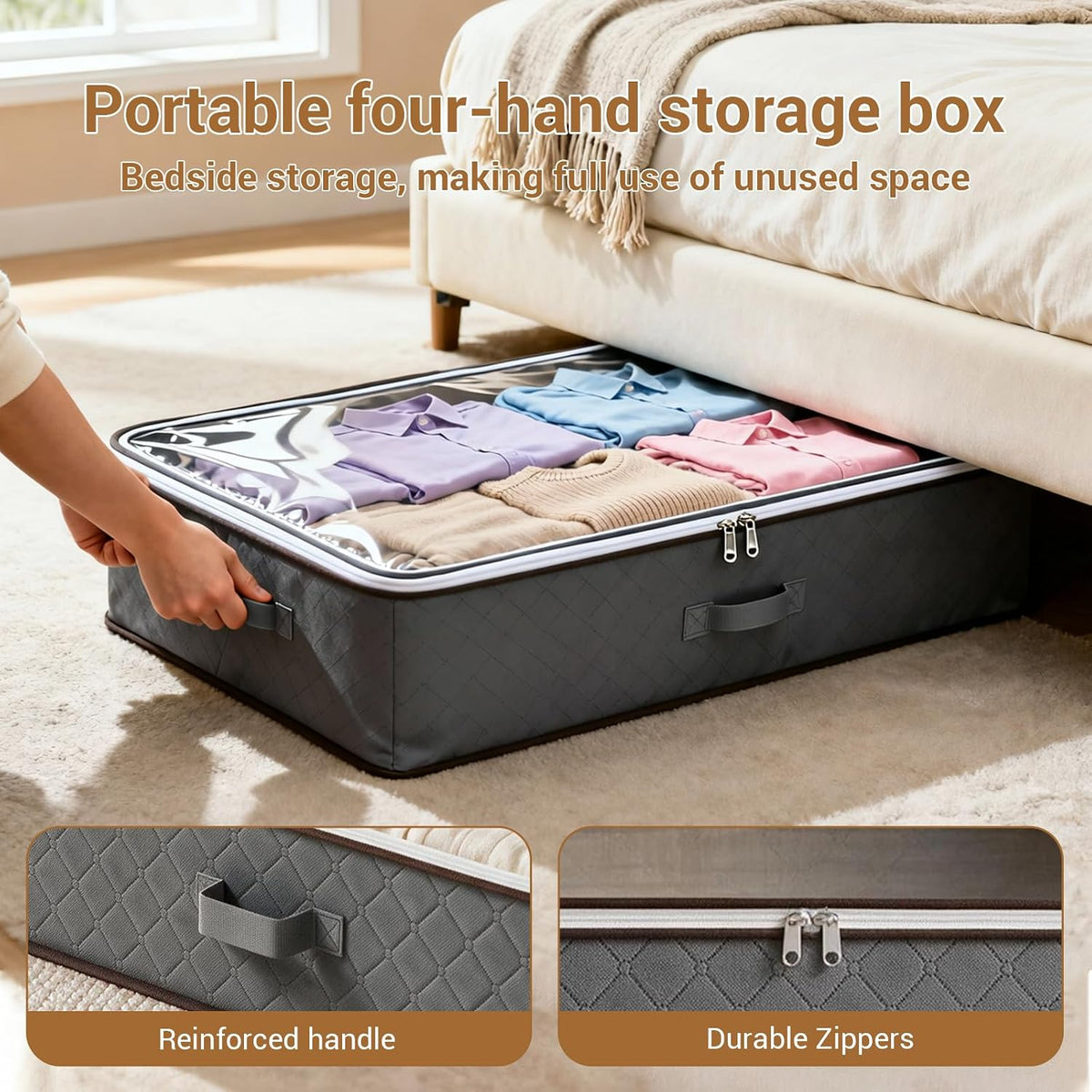 4 Pack Underbed Storage Boxes, Storage Bags with Zipper, Grey