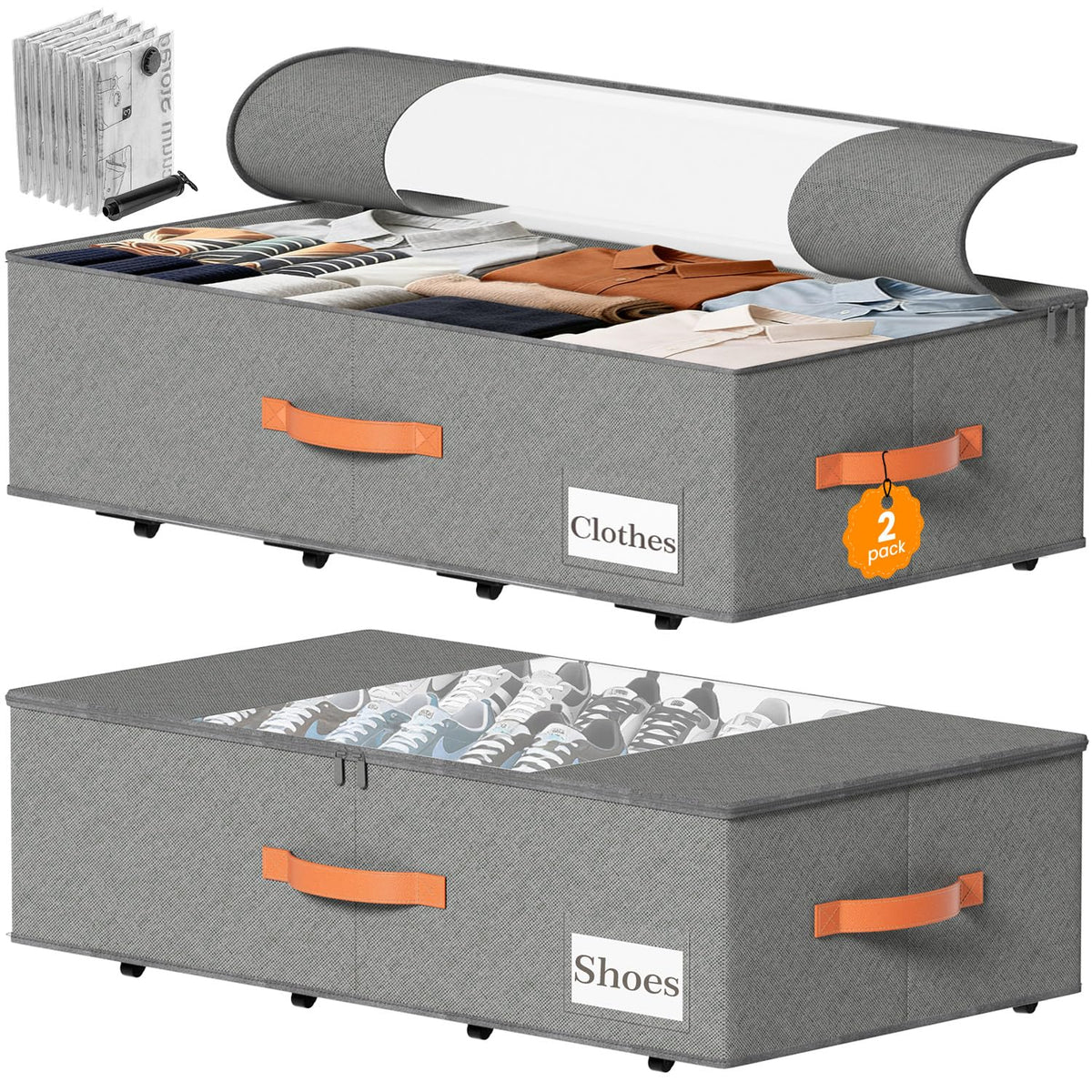 TOSKING 2-Pack Under Bed Storage Bins with Wheels, Gray