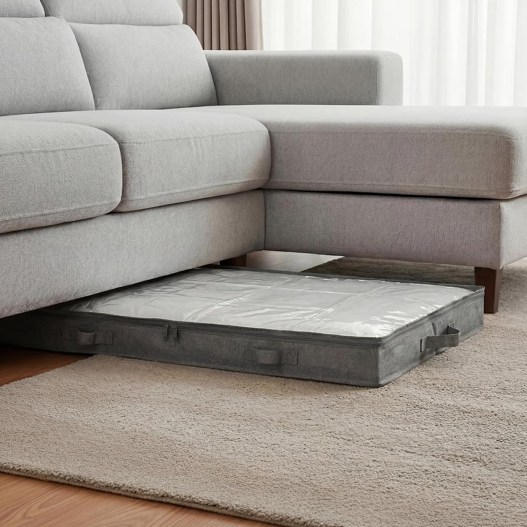 2 Pack 50L Low Profile Under Bed Storage Containers,4 Inches High Lightweight Underbed Storage NO STRUCTURE,Large Foldable Underbed Cloth Storage Bags for Blanket Fits Under Sofa,Couch,Grey