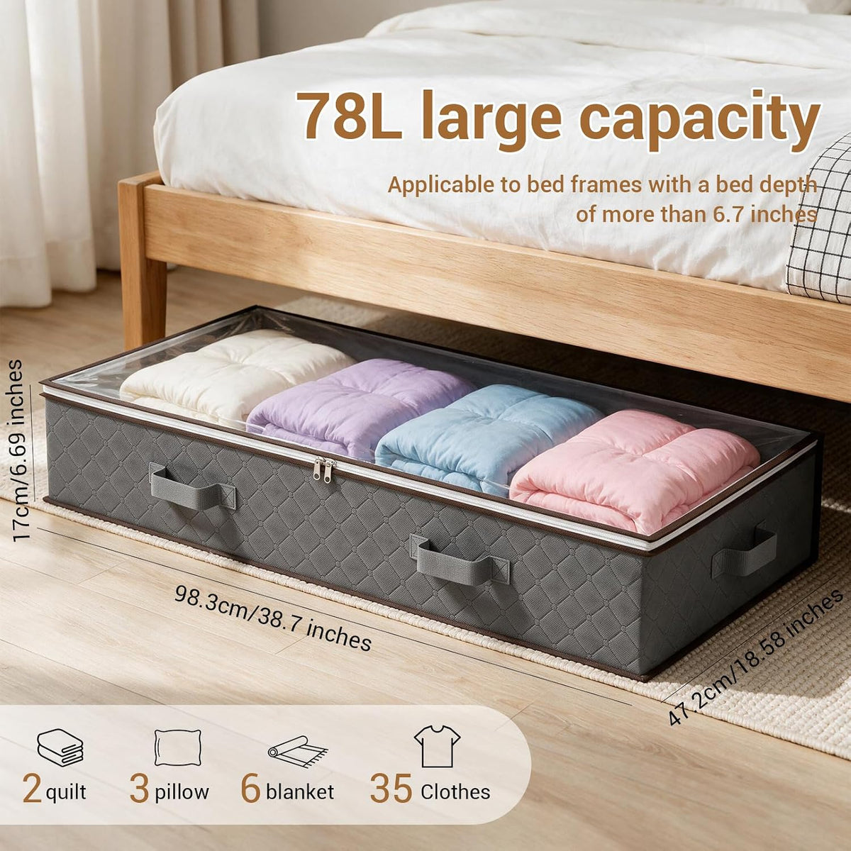 4 Pack Underbed Storage Boxes, Storage Bags with Zipper, Grey
