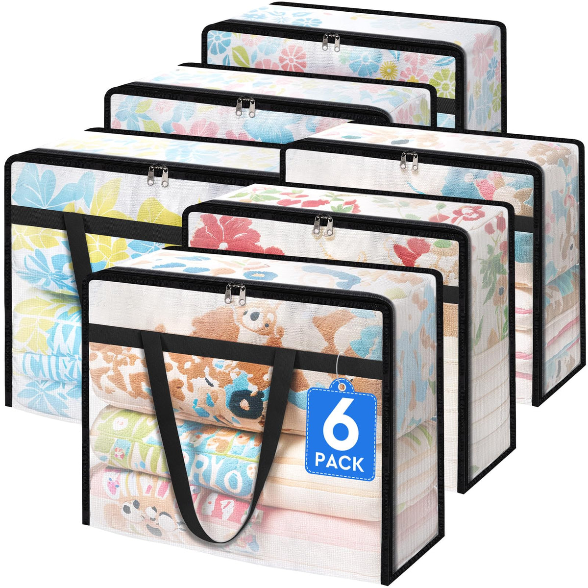TasticTotes 6 Pack Clear Storage Bags for Comforter, Clothes & Bedding, 40L