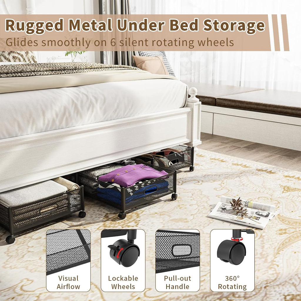 47.2'' Long Under Bed Storage on Wheels, 57.6L Large Capacity Rolling Under the Bed Storage Containers, Tool-Free Assembly Foldable Underbed Shoes Clothes Toy Drawers