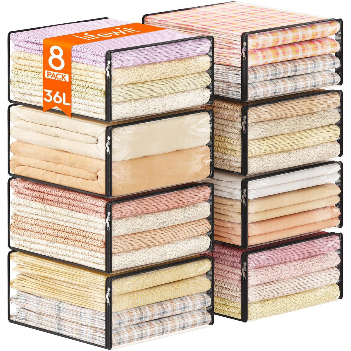 Lifewit 14L Clear Sheet Storage Bags with Zipper 3 Pack, Plastic Sweater Storage Bins for Clothing, Vinyl Foldable Clothes Containers Organizers for Closet, Blankets, Bedding 15.7 x 13.8 x 3.9 Inch