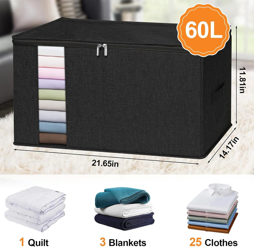 punemi 60L Comforter Storage Bags with Side & Bottom Support, 2 Pack, Black