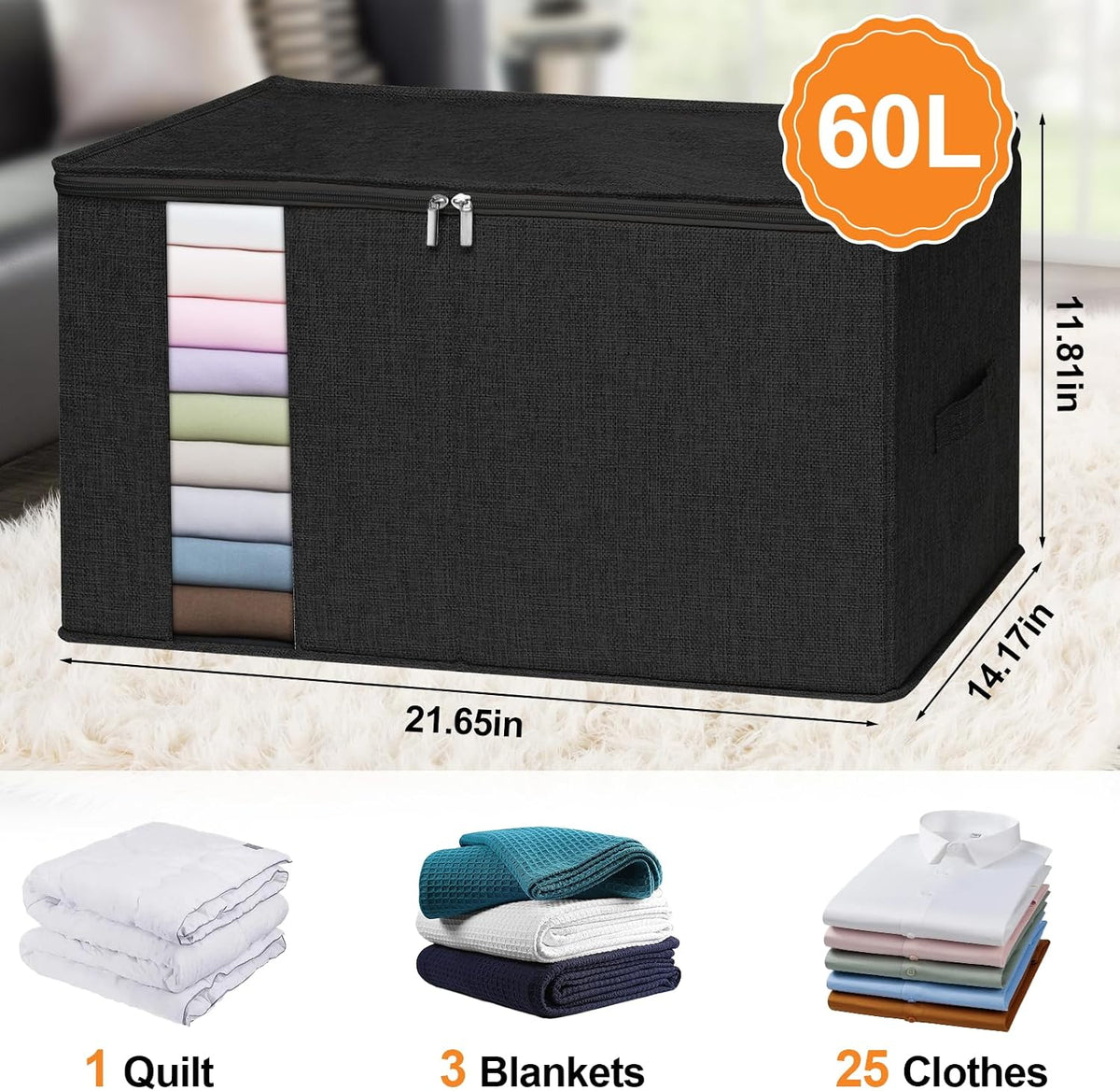 punemi 60L Comforter Storage Bags with Side & Bottom Support, 2 Pack, Black