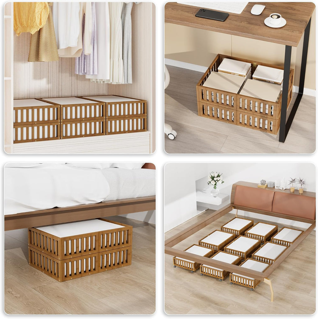 Under Bed Storage with Wheels, 2 Pcs Bamboo Drawers for Clothes and Toy