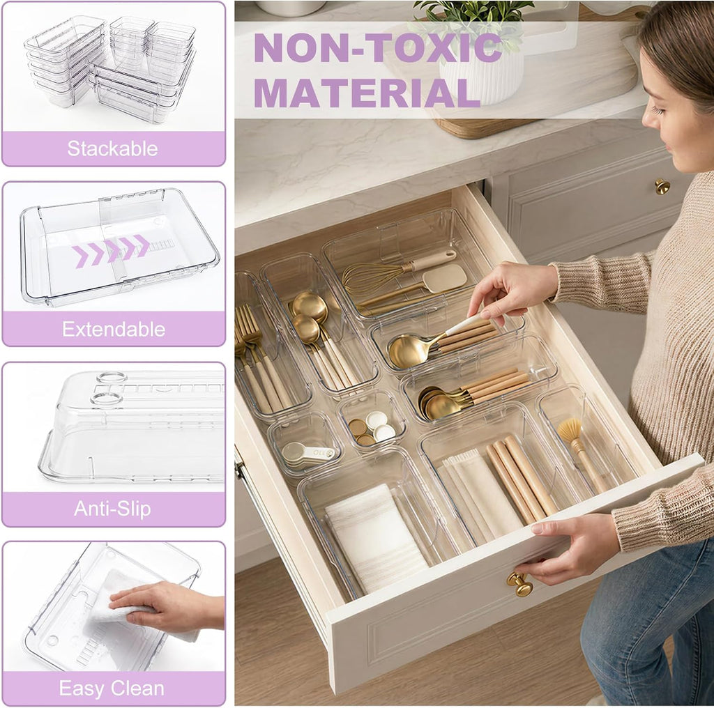16 Pcs Drawer Organizer Set, Expandable Clear Plastic Drawer Storage Bins, Adjustable Drawer Divider Organizers, Durable Drawer Storage Extendable Trays for Gadgets, Makeup, Kitchen, Bathroom, Office