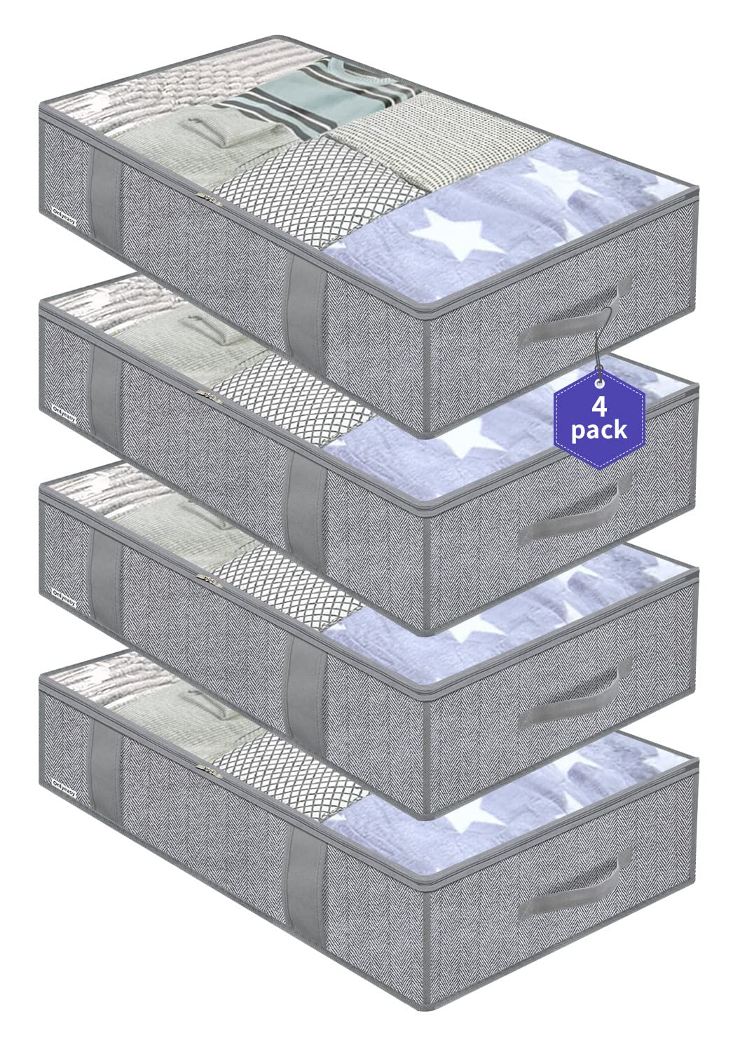 Onlyeasy Underbed Storage Bags Organizer, 4 Pack Large Capacity Under Bed Storage Containers with Reinforced Handles, Foldable Fabric Storage Bins with Clear Window, Herringbone Grey, 7MXRUBBP4